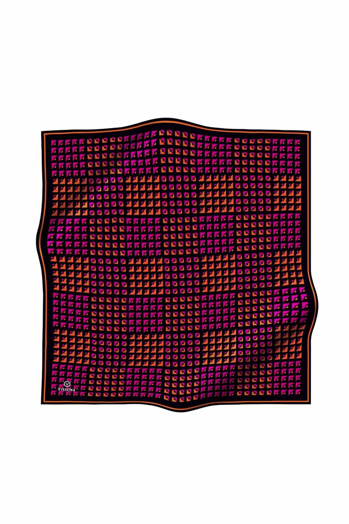 %100 Twill İpek Geometrik Desenli Fuşya - Turuncu Renkli 90x90 Eşarp Dikim Şekli : El Dikişi
