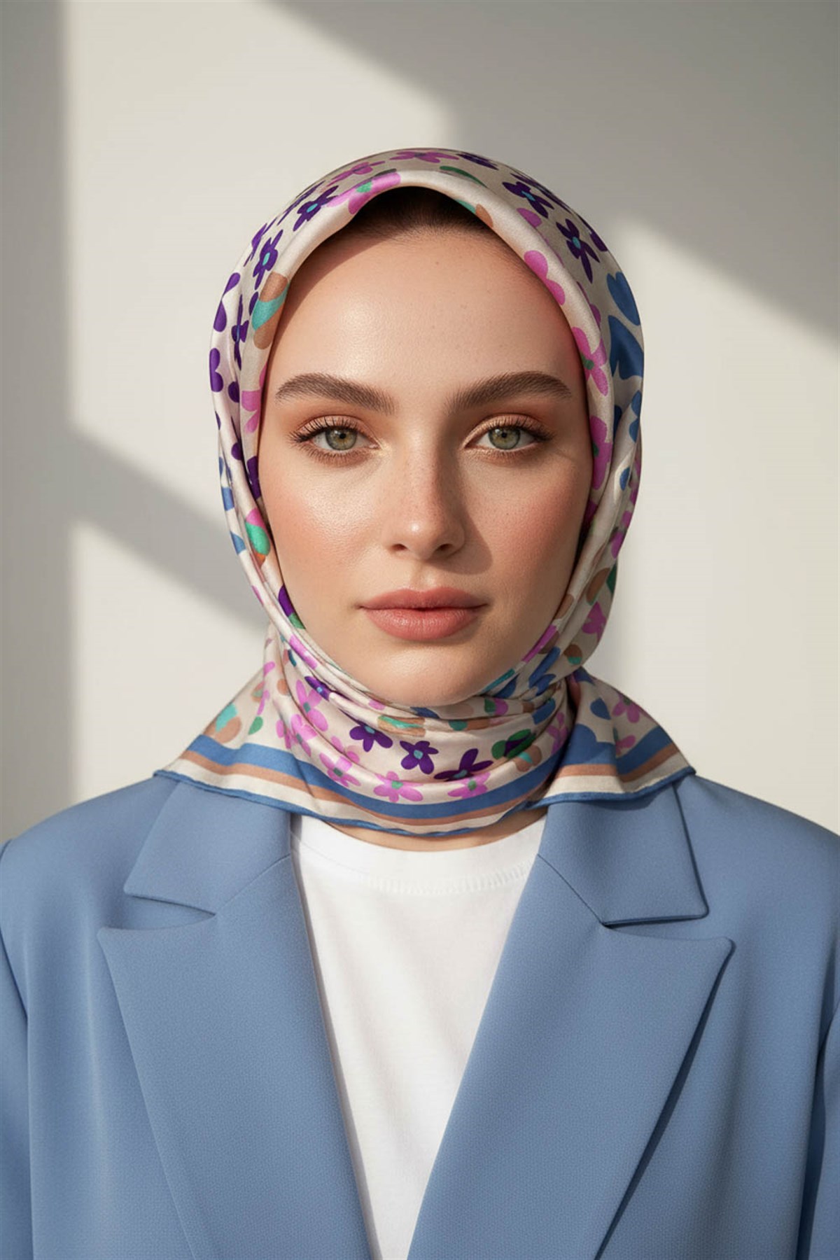%100 Twill İpek Kalpli Leopar Desenli İndigo - Pembe Renkli 90x90 Eşarp Dikim Şekli : El Dikişi