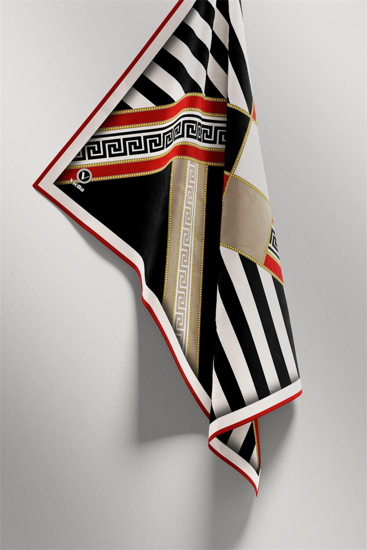 Twill Çizgili Geometrik Desenli Kırmızı Renkli 90x90 Eşarp (İpek İçermez) Kenar Dikiş Şekli El Dikişli
