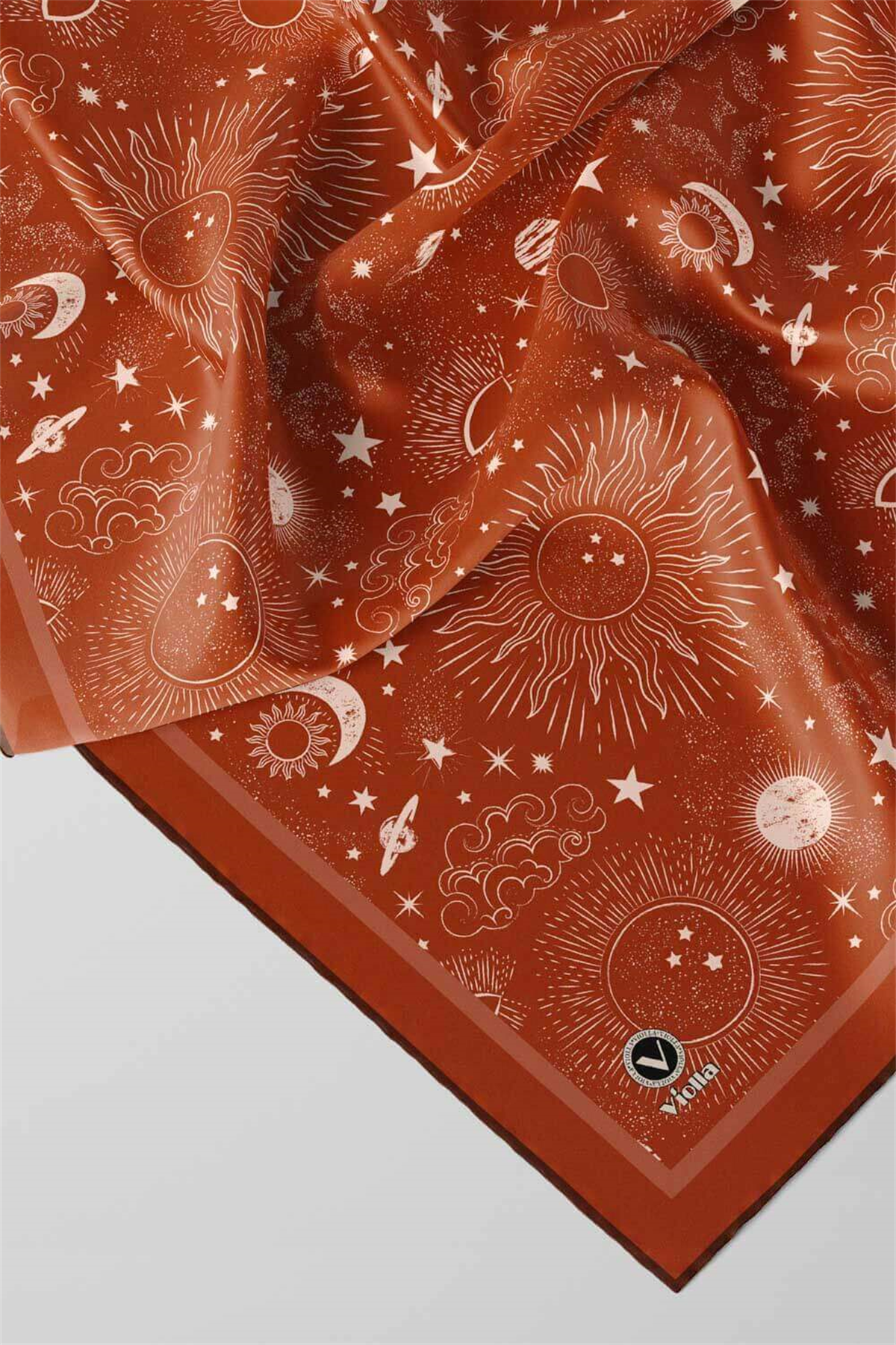 Twill Galaksi Desenli Taba Renkli 90x90 Eşarp (İpek İçermez) Dikim Şekli : El Dikişi