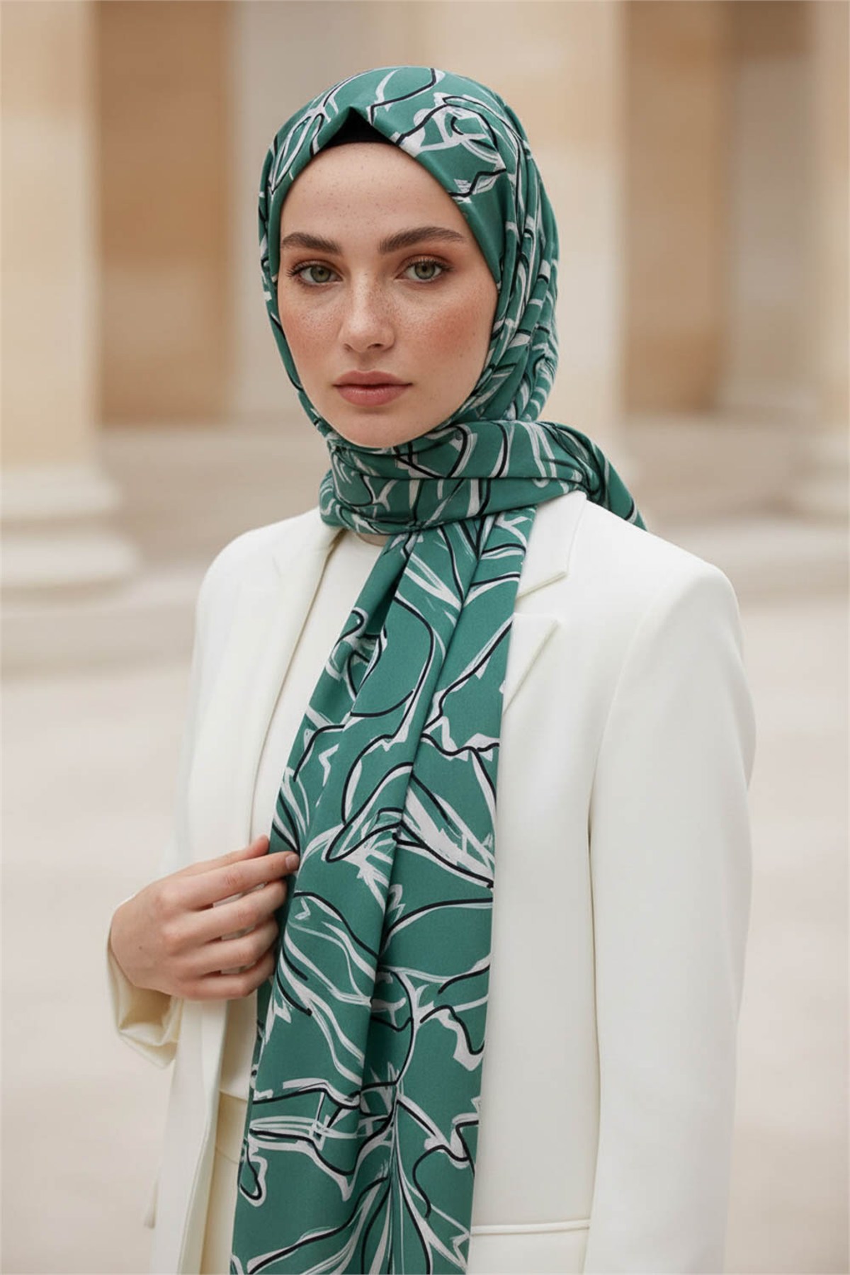 KREP YAPRAK DESENLİ KOYU MİNT YEŞİLİ RENKLİ 75X195 KIRIŞMAZ ŞAL