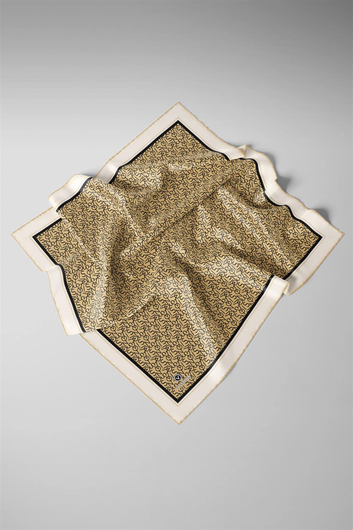%100 Twill İpek Harf Desenli Gold - Siyah Renkli 90x90 Eşarp Dikim Şekli : El Dikişi