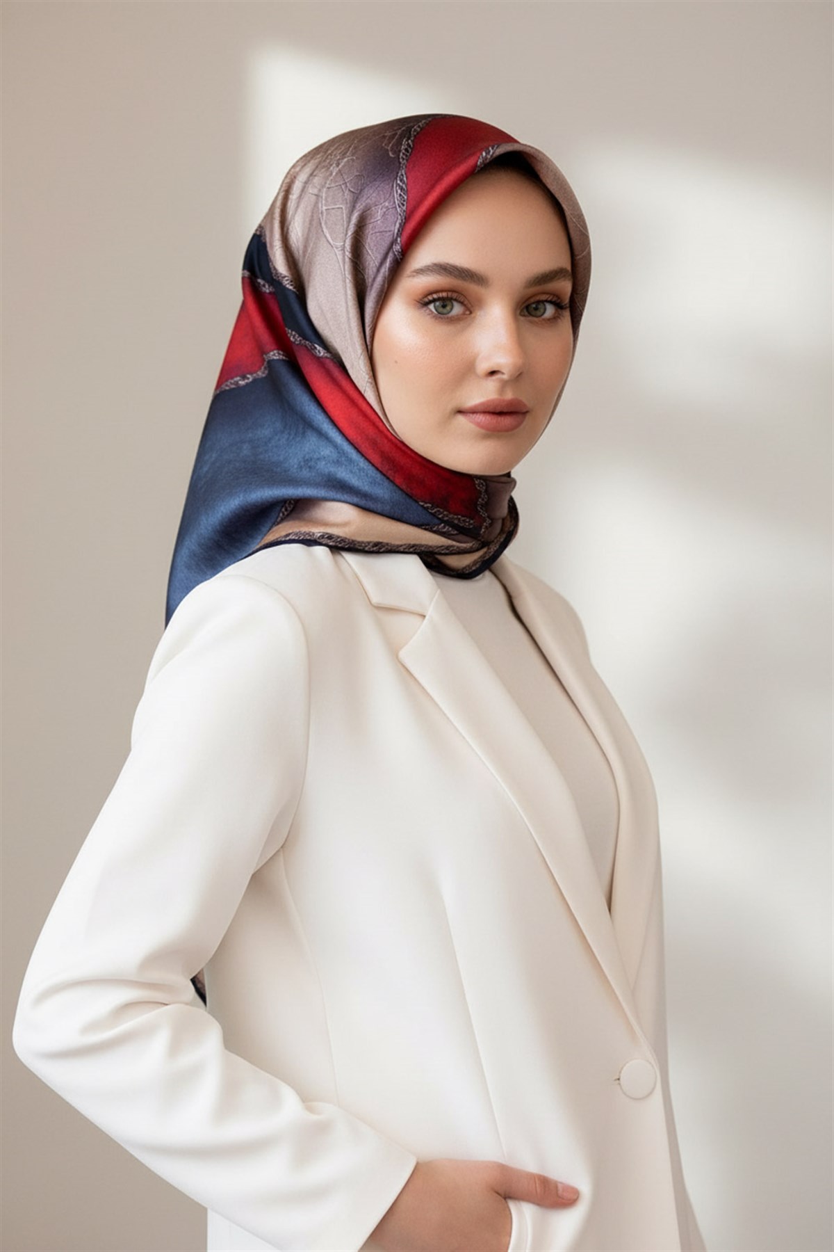 %100 Twill İpek Dokulu Geometrik Desenli Bordo - İndigo Renkli 90x90 Eşarp Dikim Şekli : El Dikişi
