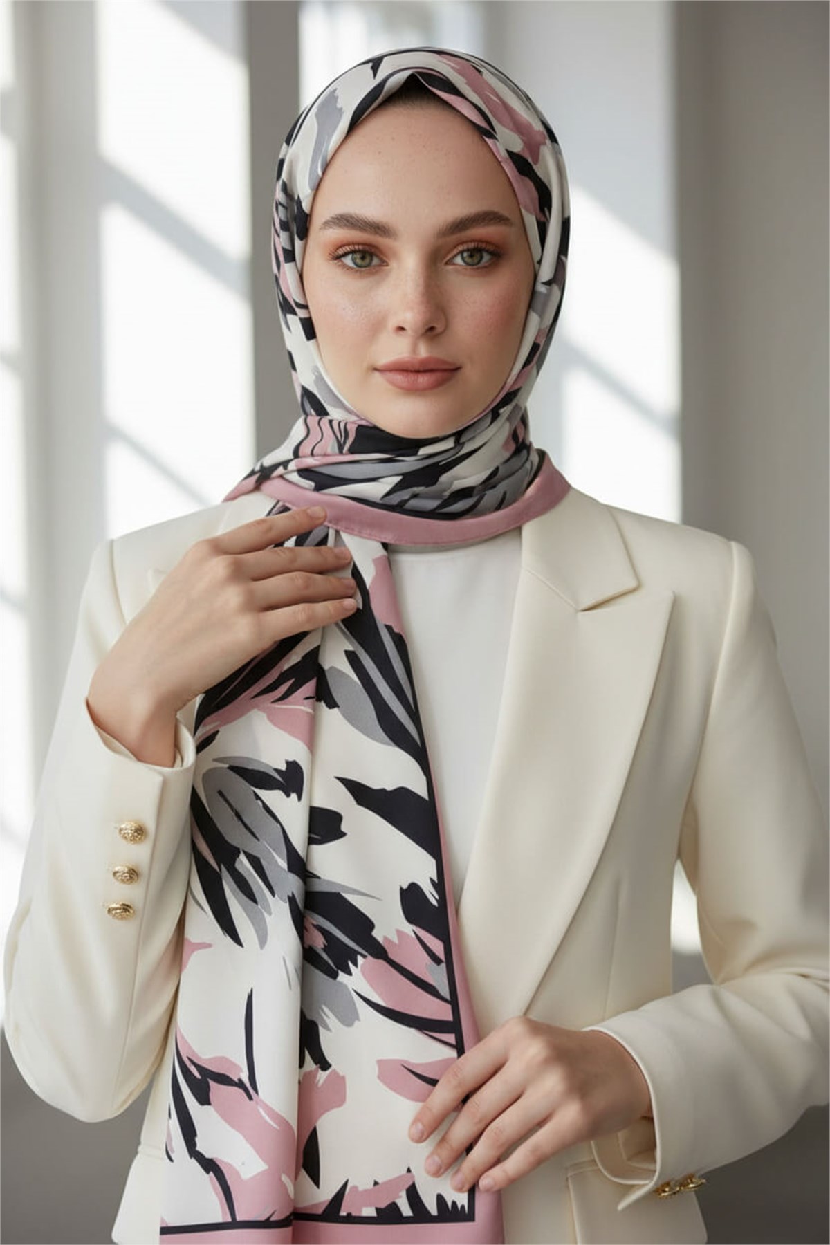 KREP YAPRAK DESENLİ PUDRA RENKLİ 75X195 KIRIŞMAZ ŞAL
