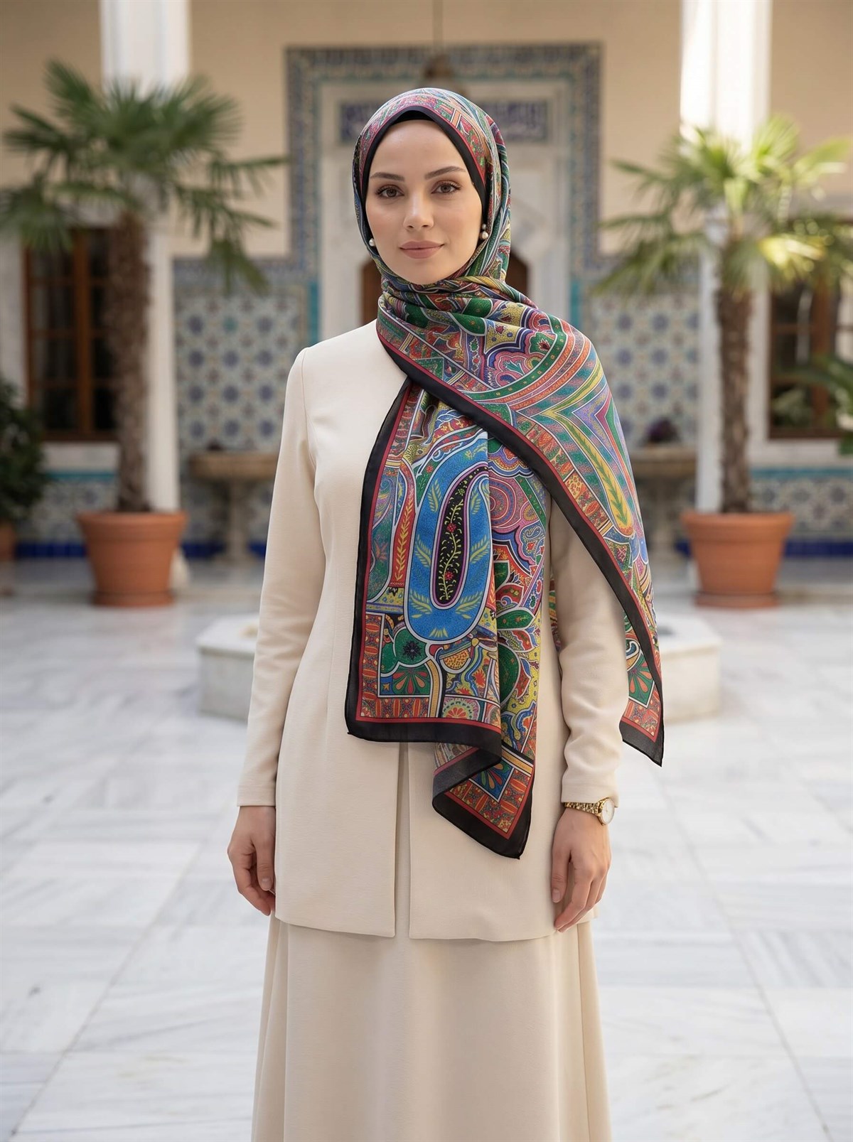 100% İpek Etro Desenli Siyah - Fıstık Yeşili Renkli 92x210 Şal