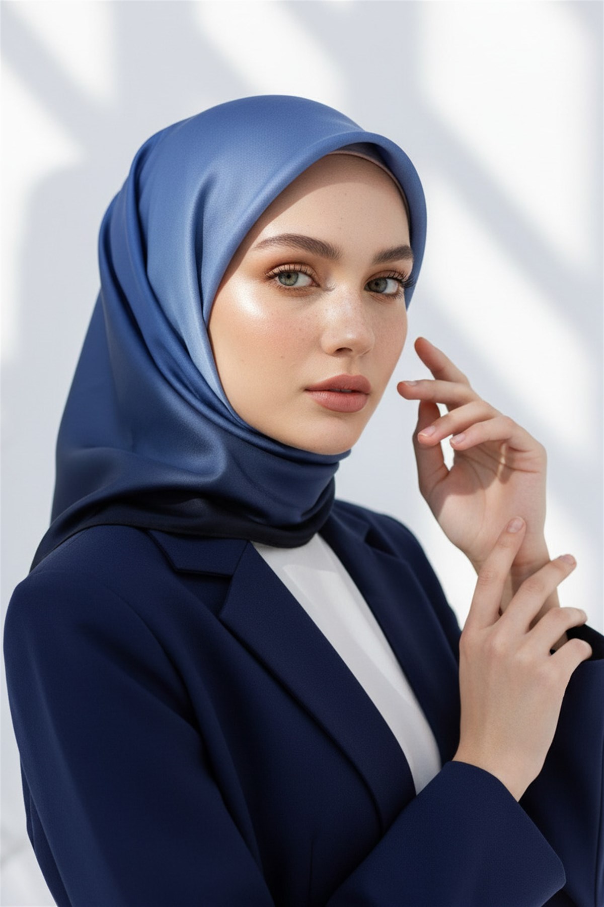%100 Twill İpek Degrade Desenli Buz Mavisi Renkli 90x90 Eşarp Dikim Şekli : El Dikişi