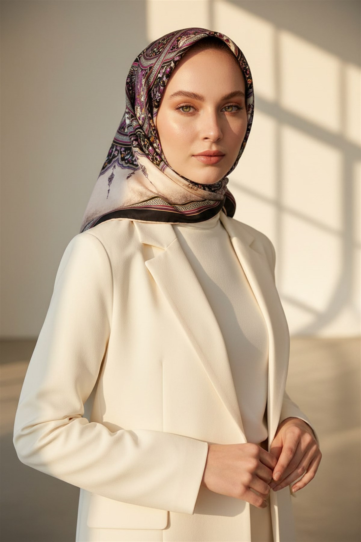 %100 Twill İpek Şal Desenli Siyah - Mürdüm Renkli 90x90 Eşarp Dikim Şekli : El Dikişi