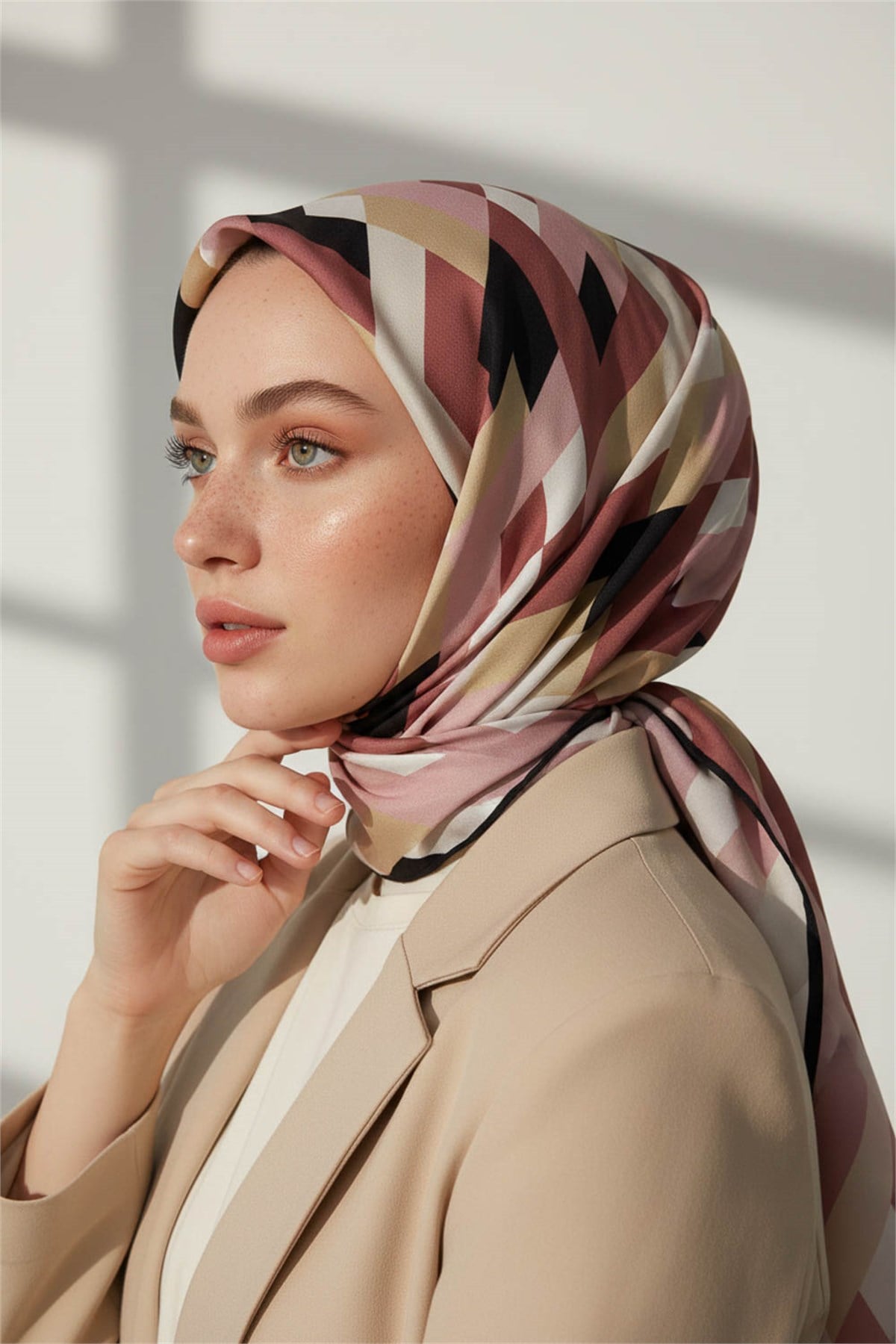 KREP GEOMETRİK DESENLİ PUDRA RENKLİ 75X195 KIRIŞMAZ ŞAL