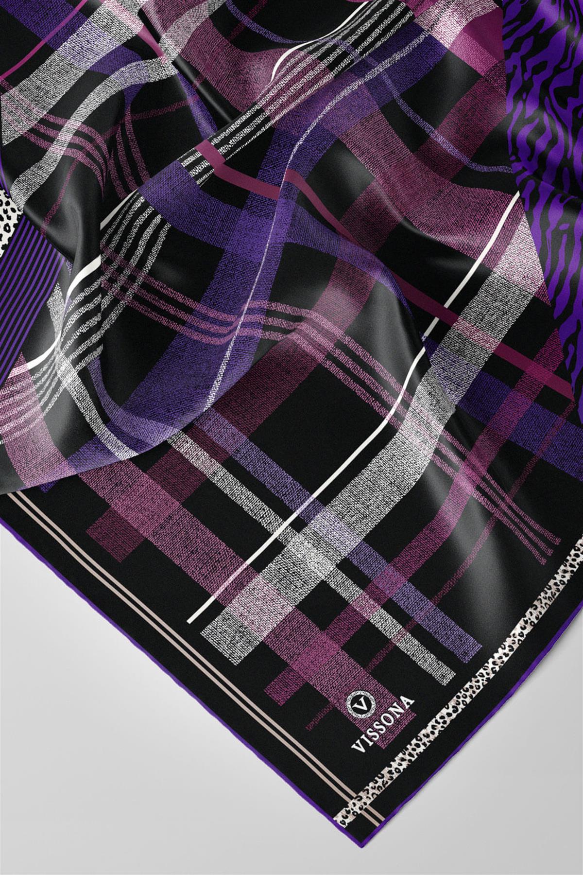 %100 Twill İpek Ekoseli Ve Leopar Desenli Siyah - Mor Renkli 90x90 Eşarp Dikim Şekli : El Dikişi