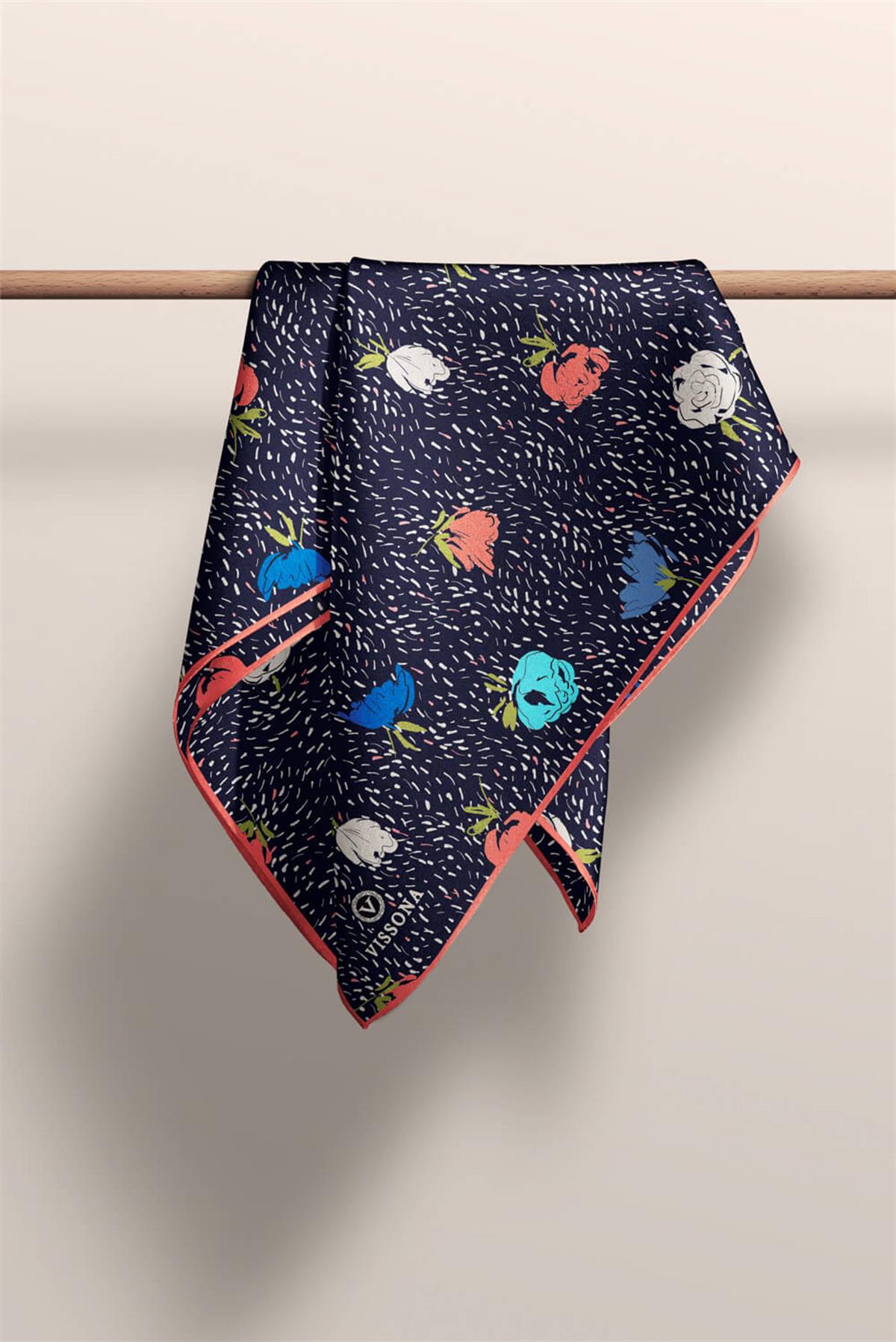 %100 Twill İpek Çıtır Çiçek Desenli Lacivert - Saks Renkli 90x90 Eşarp Dikim Şekli : El Dikişi
