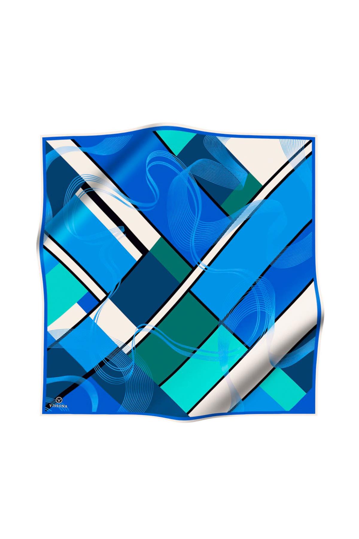 %100 Twill İpek Geometrik Desenli Saks - Mint Yeşili Renkli 90x90 Eşarp Dikim Şekli : El Dikişi