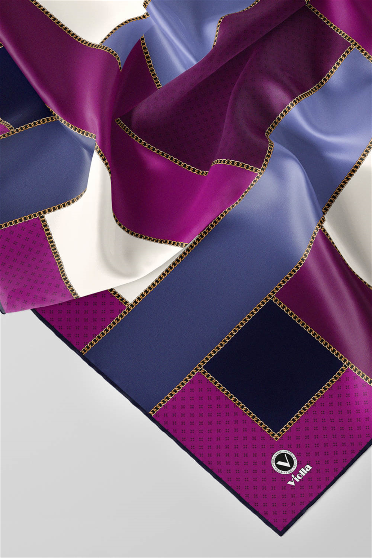 Twill Geometrik Desenli Mürdüm - İndigo Renkli 90x90 Eşarp (İpek İçermez) Kenar Dikiş Şekli El Dikişli