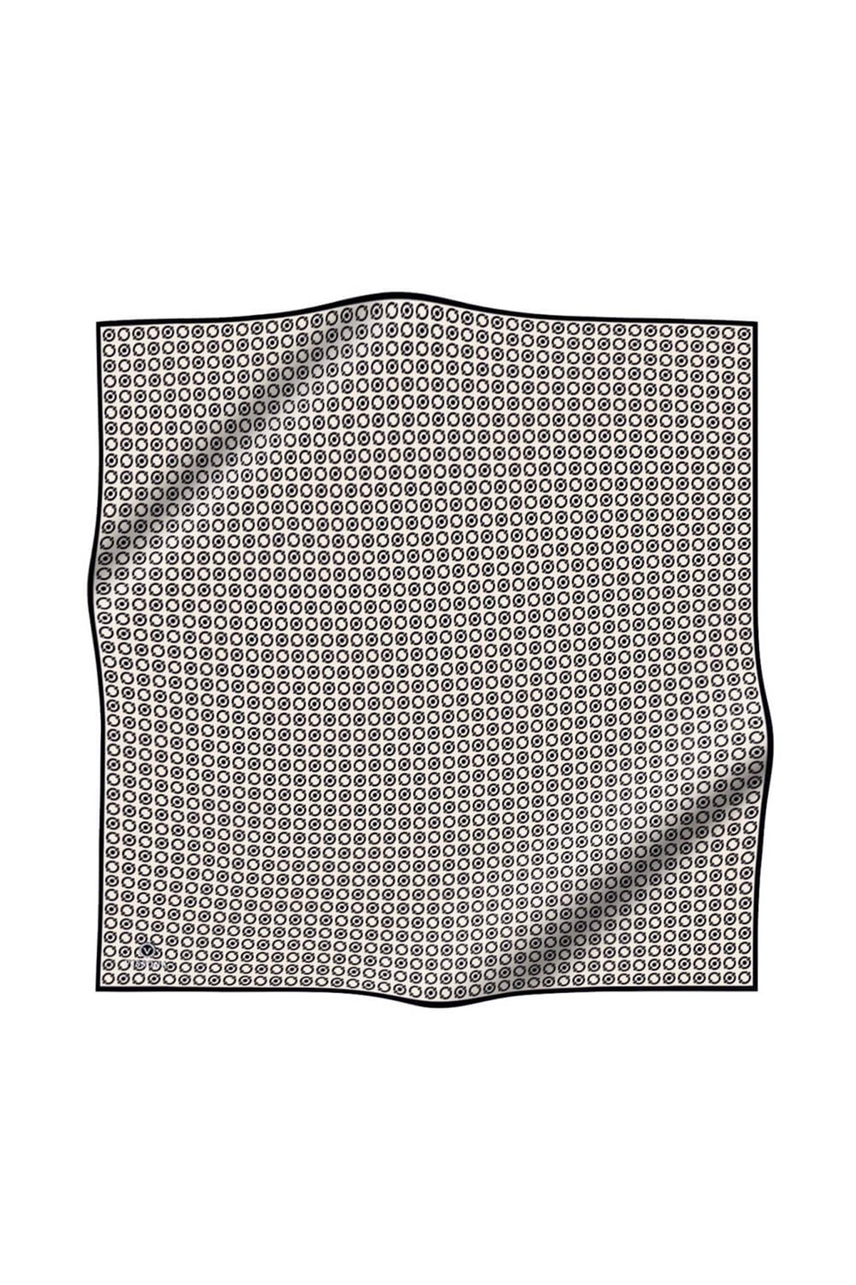 %100 Twill İpek Zincir Desenli Krem - Siyah Renkli 90x90 Eşarp Kenar Dikiş Şekli El Dikişli