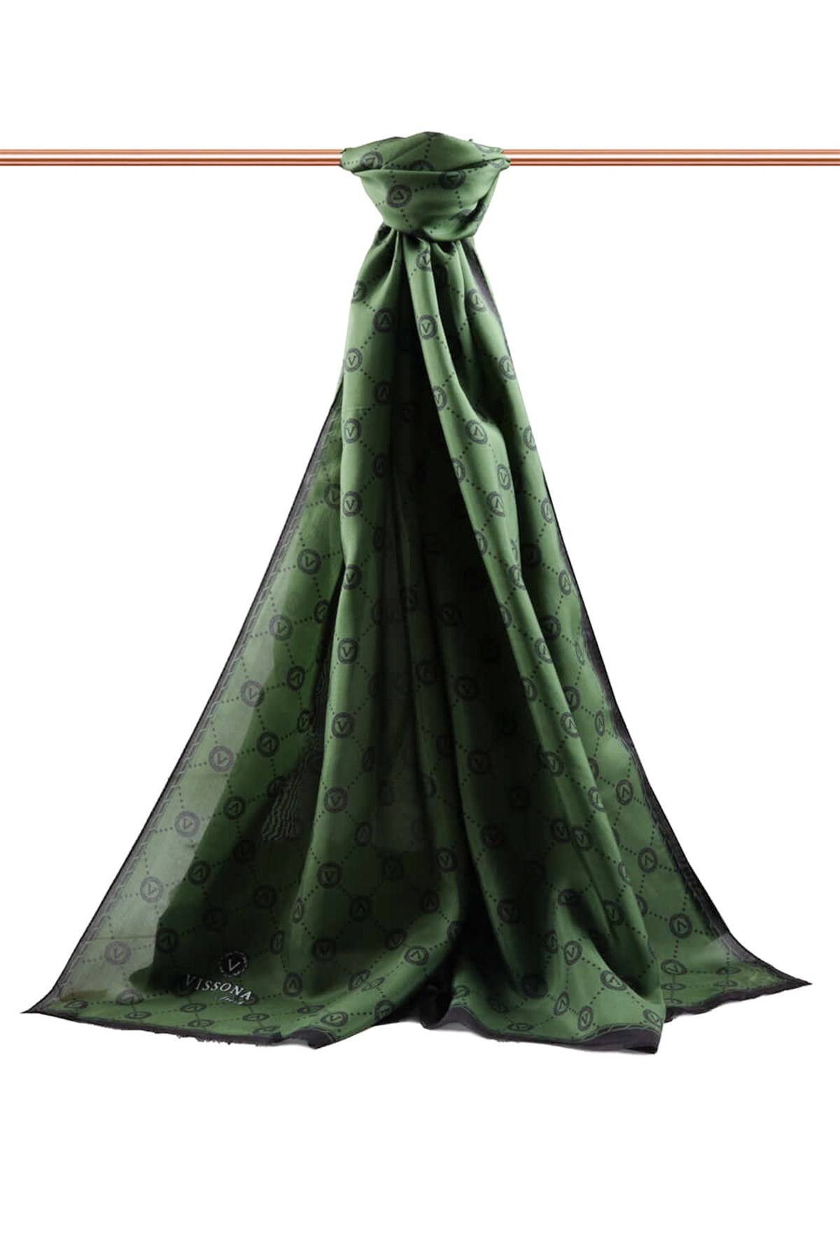 % 100 İpek V Logo Desenli Zümrüt Yeşili Renkli 90x210 Şal