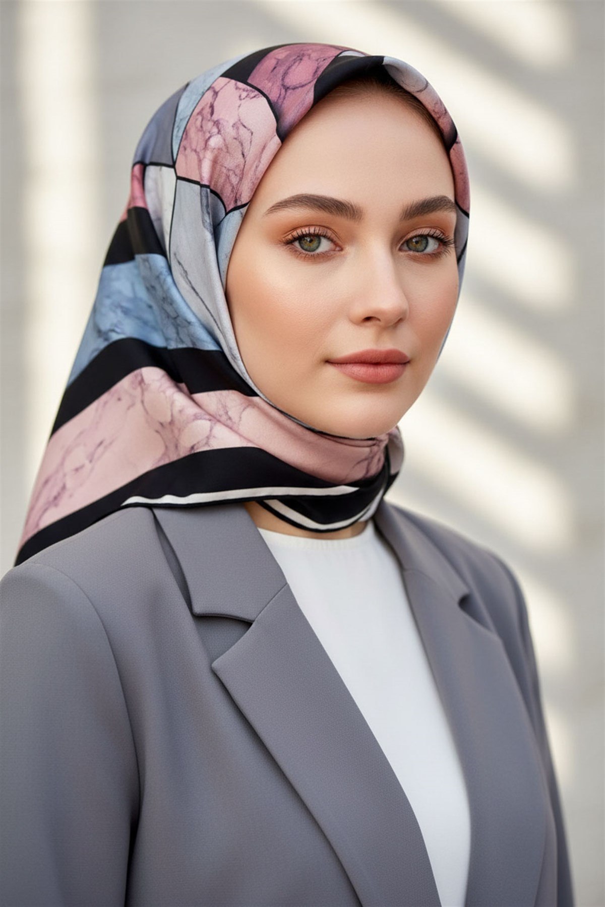 %100 Twill İpek Geometrik Mermer Desenli Pudra - Siyah Renkli 90x90 Eşarp Dikim Şekli : El Dikişi