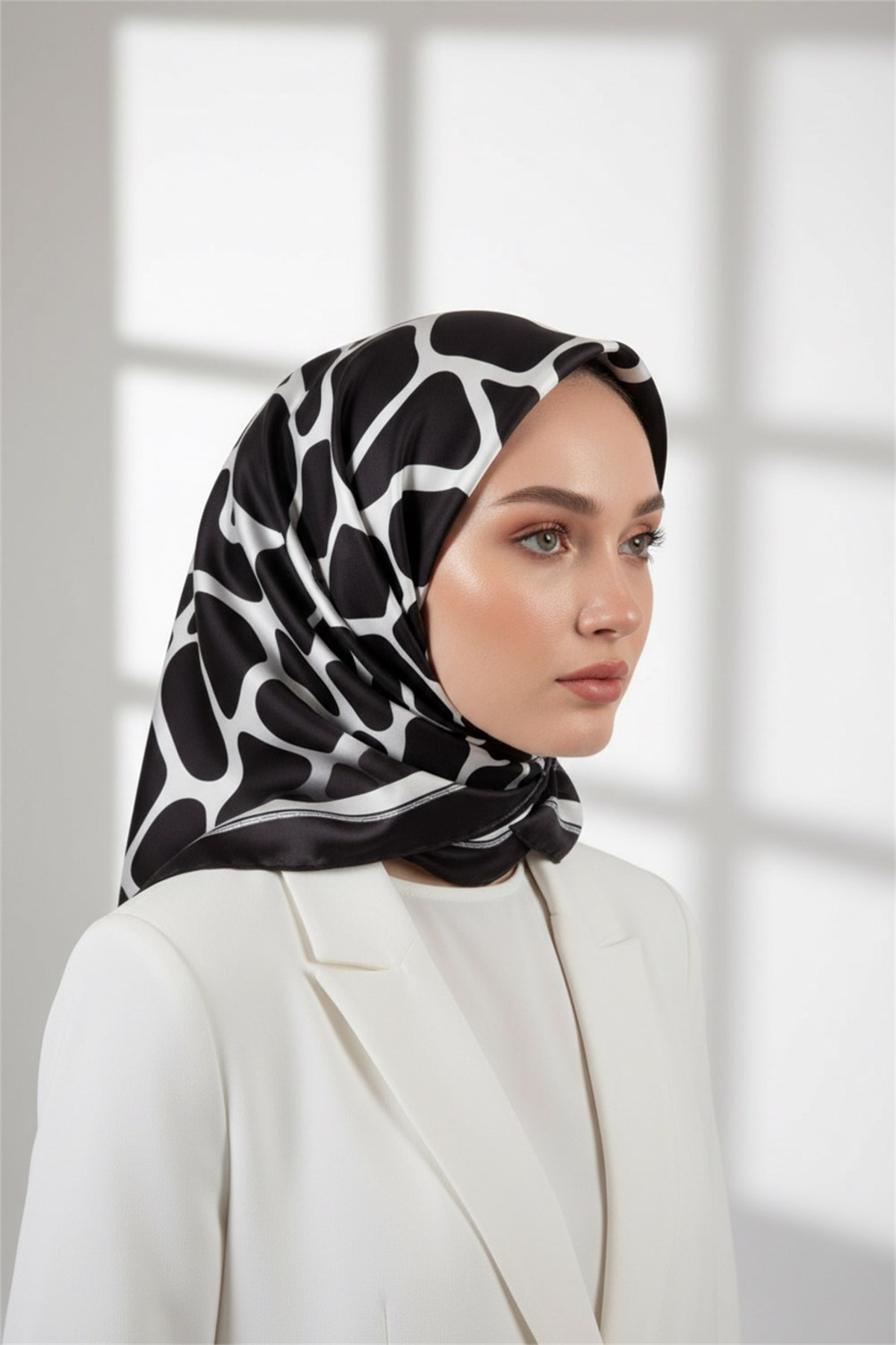 Kristal Taş Desenli Siyah Renkli 90x90 Eşarp (İpek İçermez) Dikim Şekli : El Dikişi