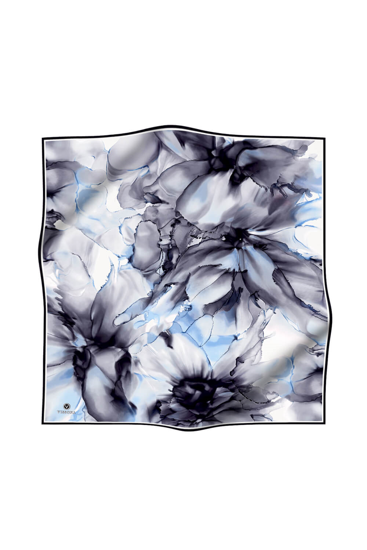 % 57 İPEK % 43 VİSKON Twill İpek Batik Çiçek Desenli Gri - İndigo Renkli 90x90 Eşarp Kenar Dikiş Şekli El Dikişli