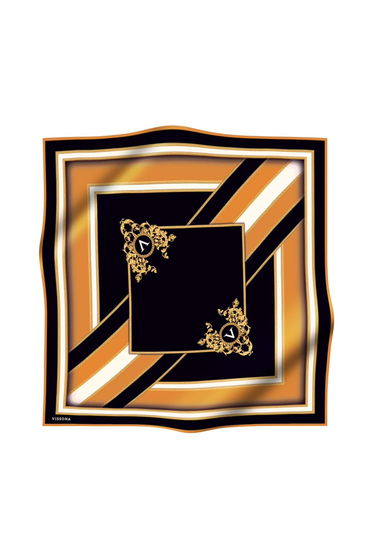 %100 Twill İpek Baroklu Ve Geometrik Desenli Hardal - Siyah  Renkli 90x90 Eşarp Dikim Şekli : El Dikişi