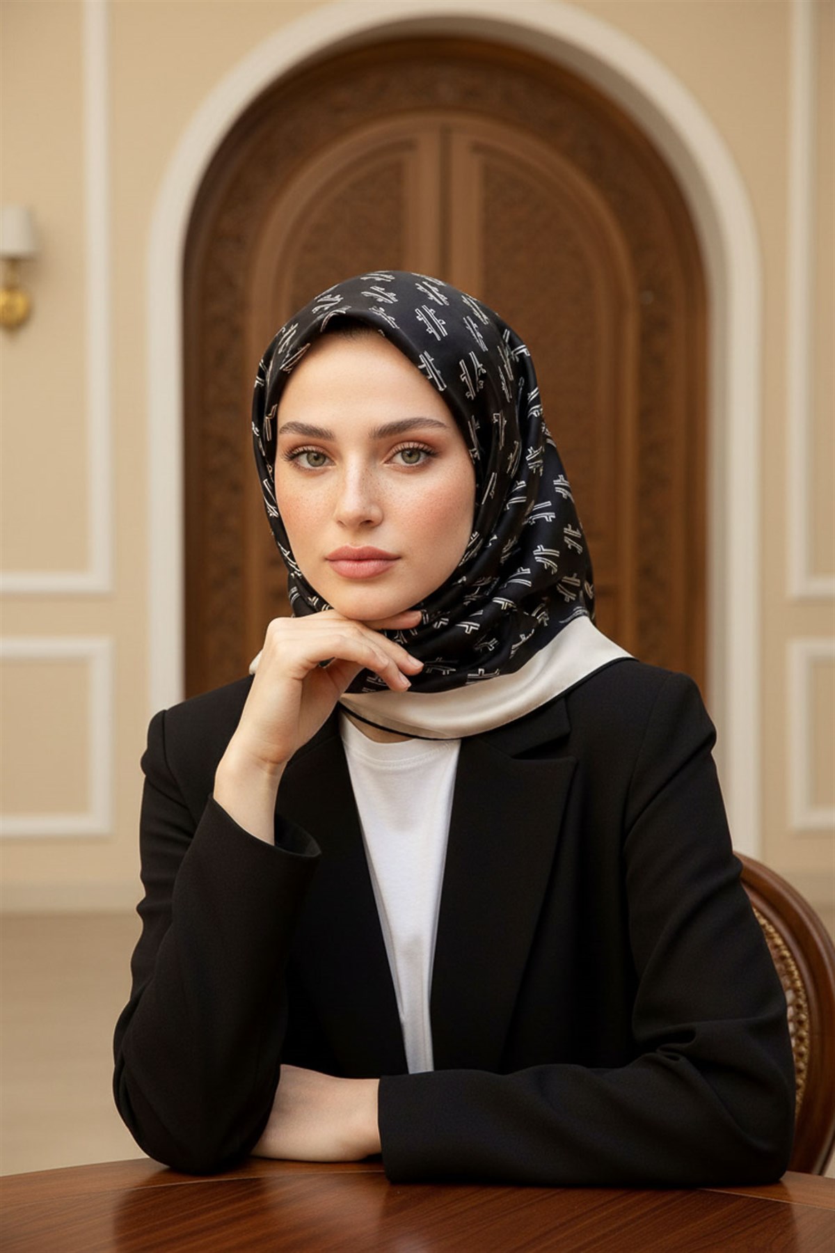 % 57 İPEK % 43 VİSKON Twill İpek Geometrik Desenli Siyah - Krem Renkli 90x90 Eşarp Dikim Şekli : El Dikişi