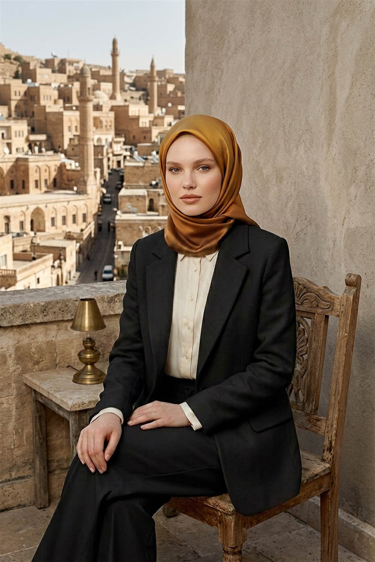% 57 İPEK % 43 VİSKON Twill İpek Degrade Desenli Gold Renkli 90x90 Eşarp Dikim Şekli : El Dikişi