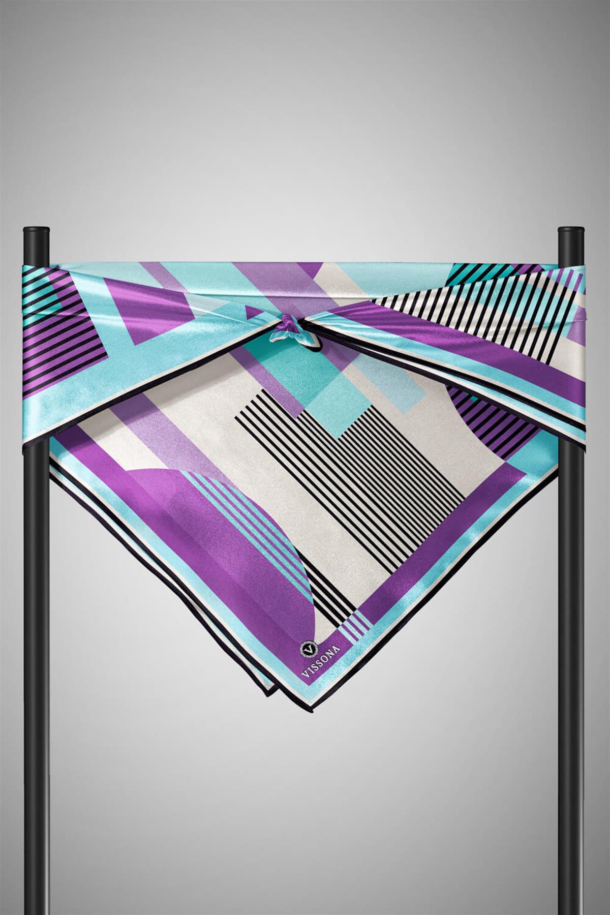 100% Twill İpek Geometrik Desenli Mint Yeşili - Lila Renkli 90x90 Dikim Şekli : El Dikişi Eşarp