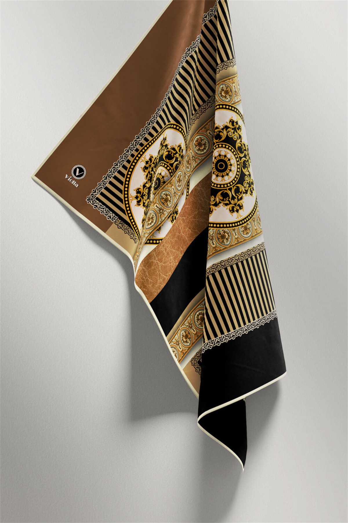 Twill Çizgili ve Barok Desenli Bej Renkli 90x90 Eşarp (İpek İçermez) Kenar Dikiş Şekli El Dikişli