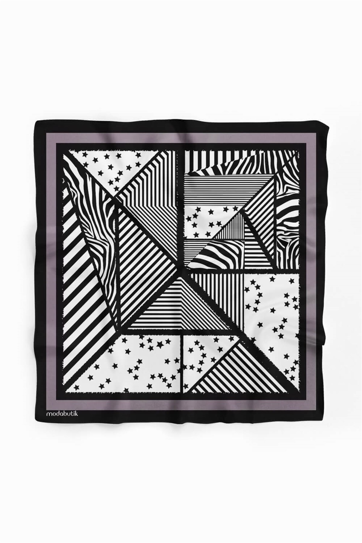 Violla Kadın Sİyah Beyaz Square Star Desenli 50x50 Bandana