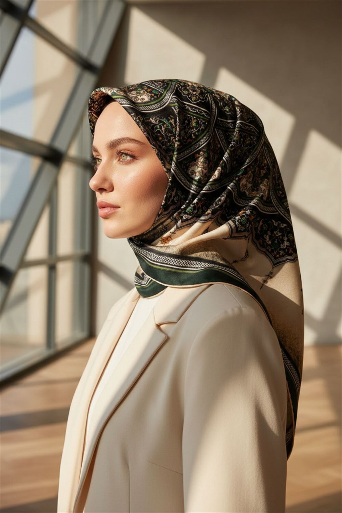 %100 Twill İpek Şal Desenli Siyah - Zümrüt Yeşili Renkli 90x90 Eşarp Dikim Şekli : El Dikişi