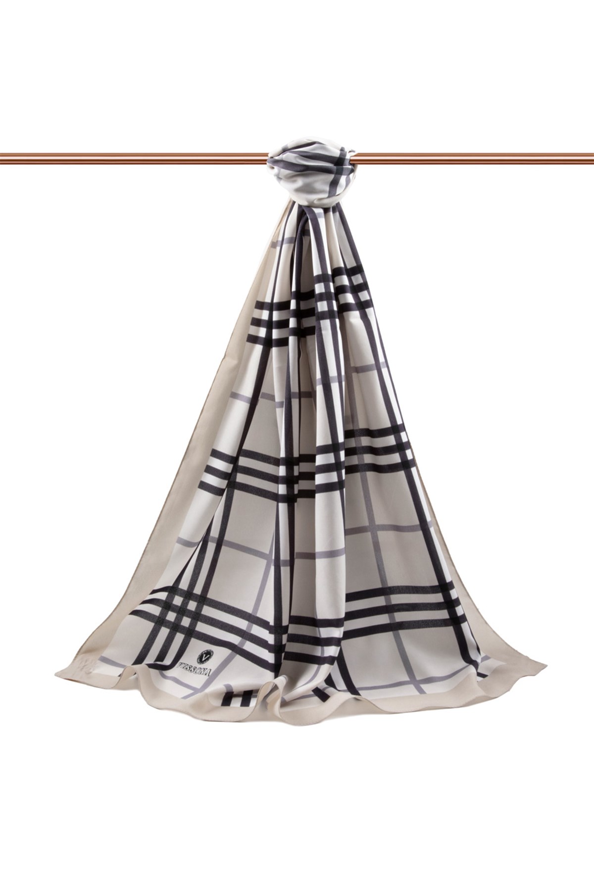 LÜKS MEDİNE İPEĞİ EKOSE DESENLİ KREM - GRİ RENKLİ 75X195 KIRIŞMAZ ŞAL MOSS KREP DİKİŞ TİPİ İTALYAN DİKİŞLİ