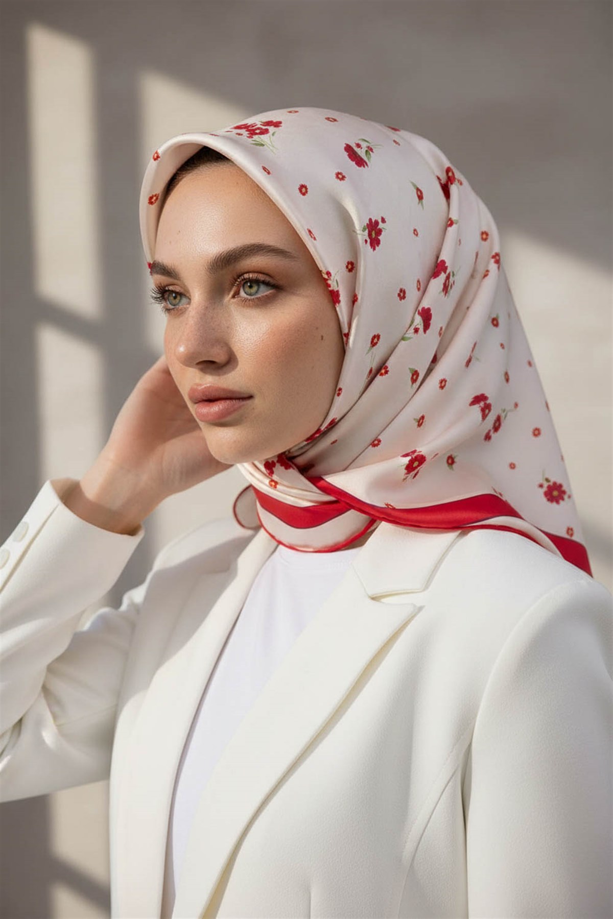 100% Twill İpek Bordürlü Çıtır Çiçek Desenli Kırmızı Renkli 90x90 Dikim Şekli : El Dikişi Eşarp