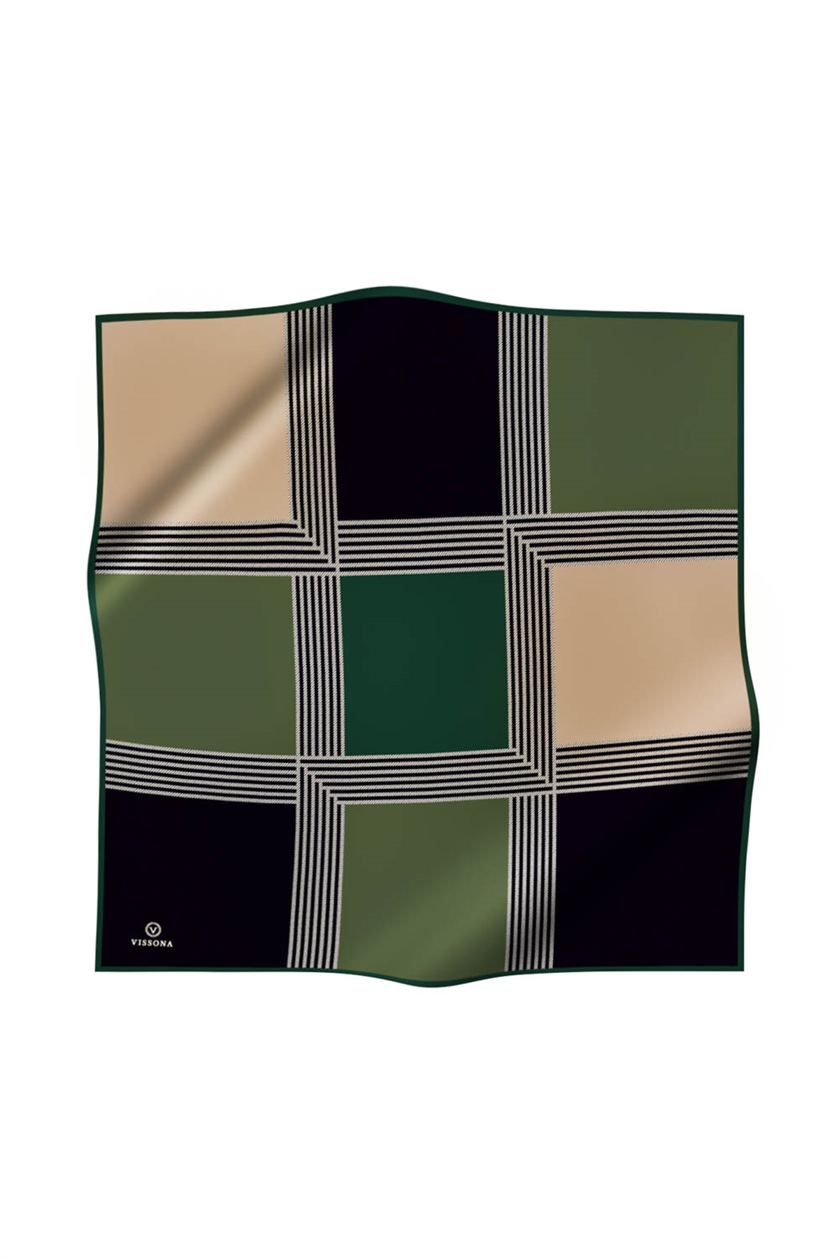 %100 Twill İpek Geometrik Desenli Zümrüt Yeşili Renkli 90x90 Eşarp Dikim Şekli : El Dikişi