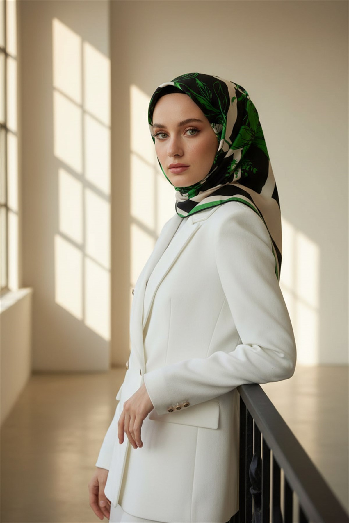 %100 Twill İpek Çiçekli ve Geometrik Desenli Benetton Yeşili - Siyah Renkli 90x90 Eşarp Dikim Şekli : El Dikişi