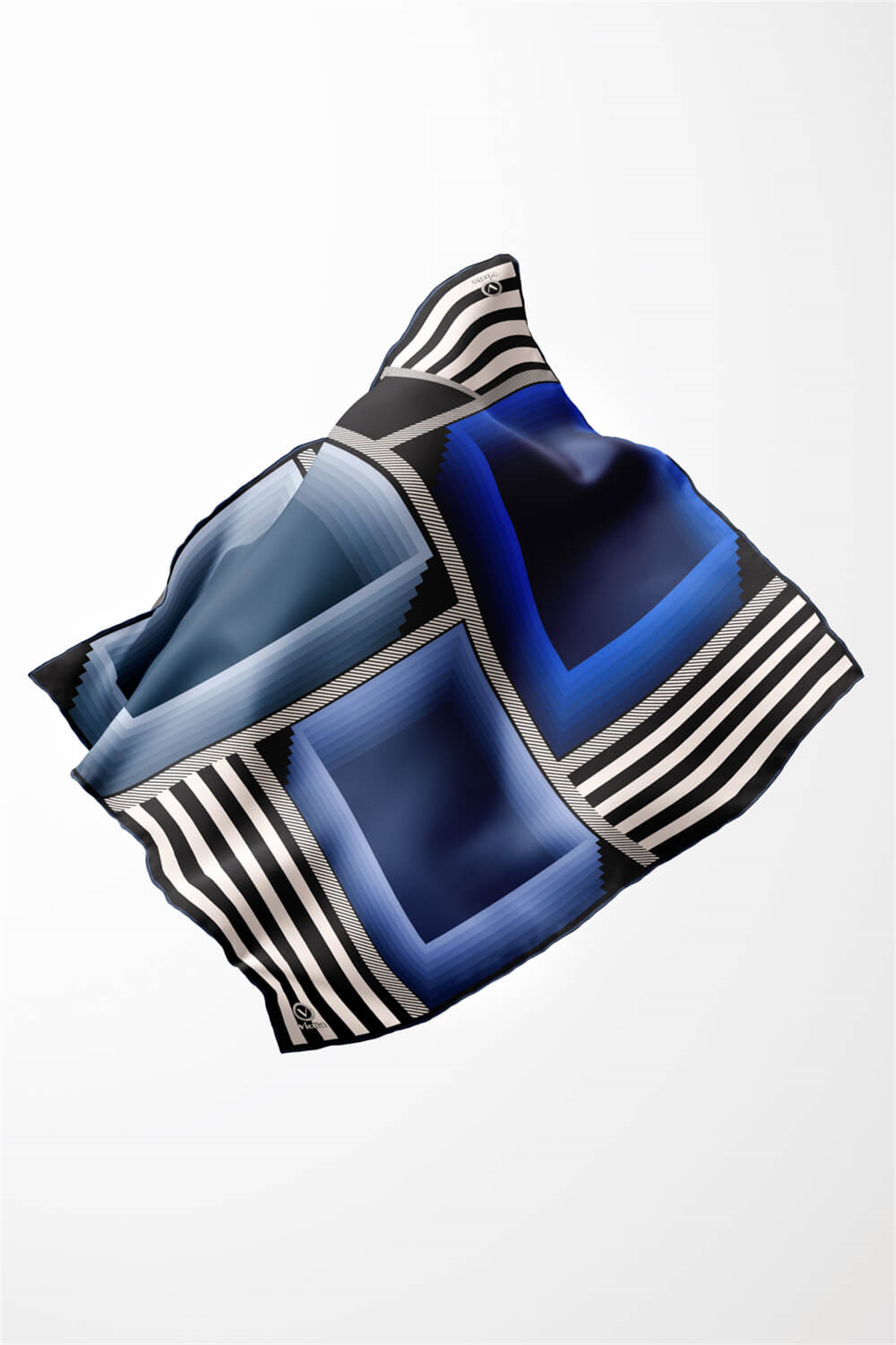 Twill Geometrik Desenli Saks Renkli 90x90 Eşarp (İpek İçermez) Kenar Dikiş Şekli El Dikişli