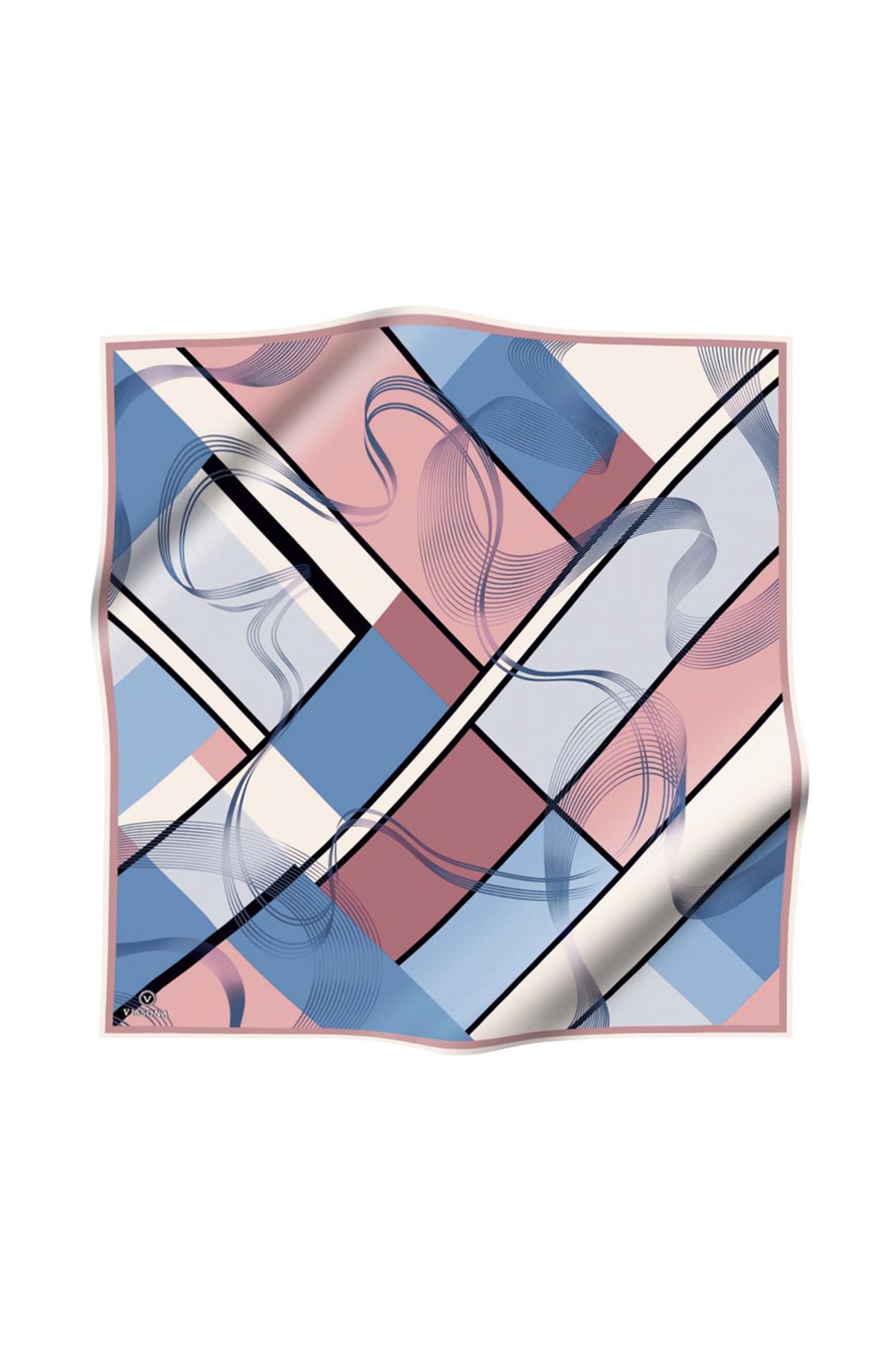 %100 Twill İpek Geometrik Desenli Pudra - Bebe Mavisi Renkli 90x90 Eşarp Dikim Şekli : El Dikişi