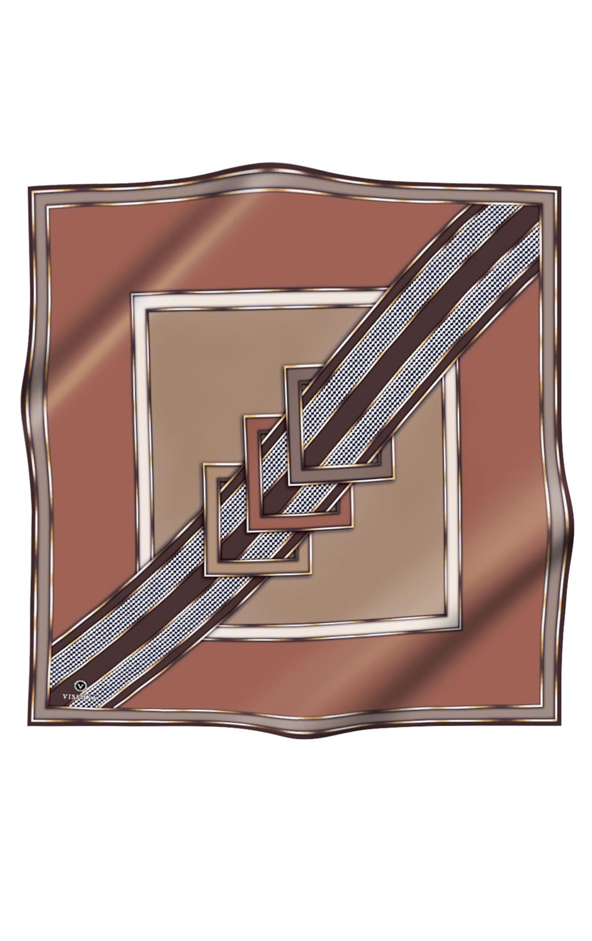 %100 Twill İpek Kareli Kazayaklı Desenli Bakır - Sütlü Kahverengi Renkli 90x90 Eşarp Kenar Dikiş Şekli El Dikişli