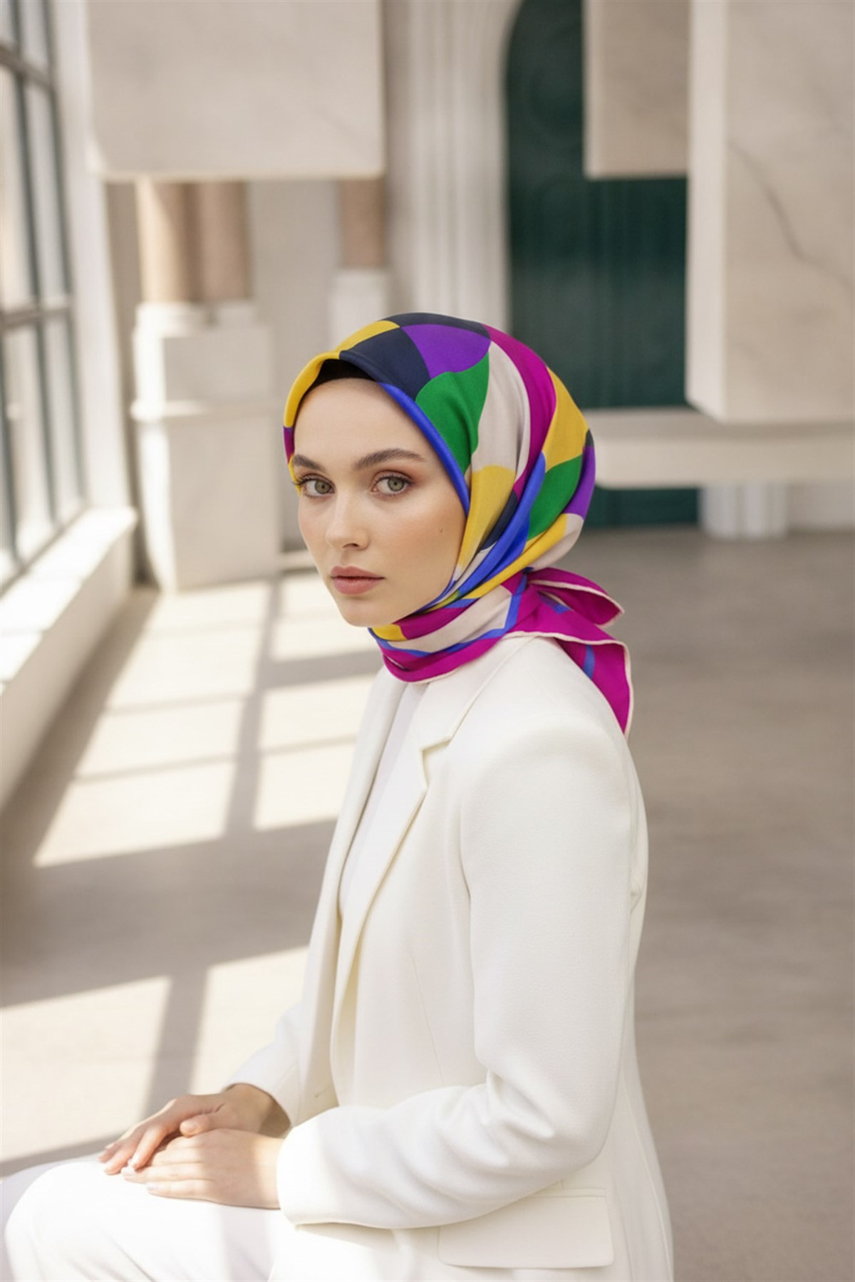 %100 Twill Renk Bloklu Çizgili Desenli Fuşya - Saks Renkli 90x90 Eşarp Dikim Şekli: El Dikişii