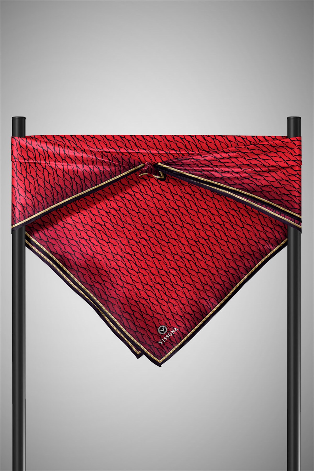 %100 Twill İpek File Desenli Kırmızı - Siyah Renkli 90x90 Eşarp Dikim Şekli : El Dikişi