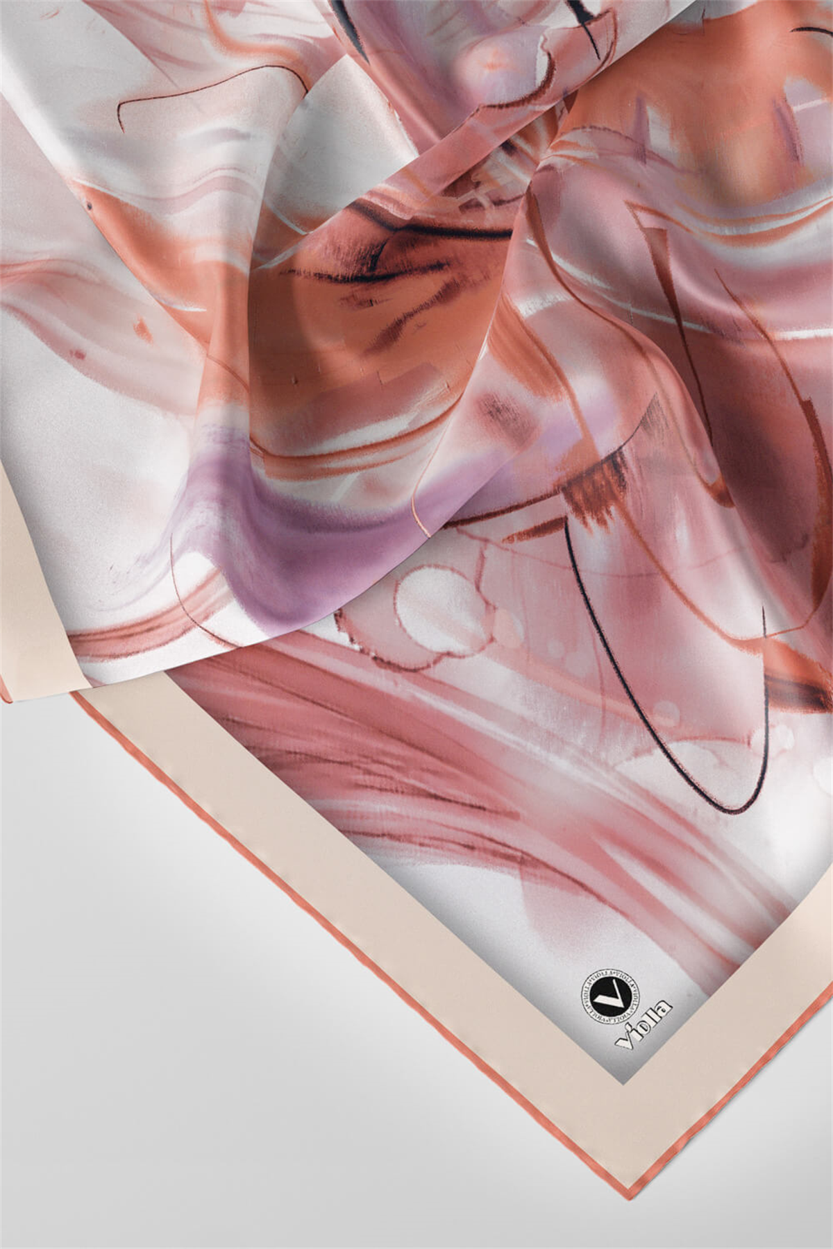 Twill Çiçek Tablo Desenli Somon Renkli 90x90 Eşarp (İpek İçermez) Kenar Dikiş Şekli El Dikişli