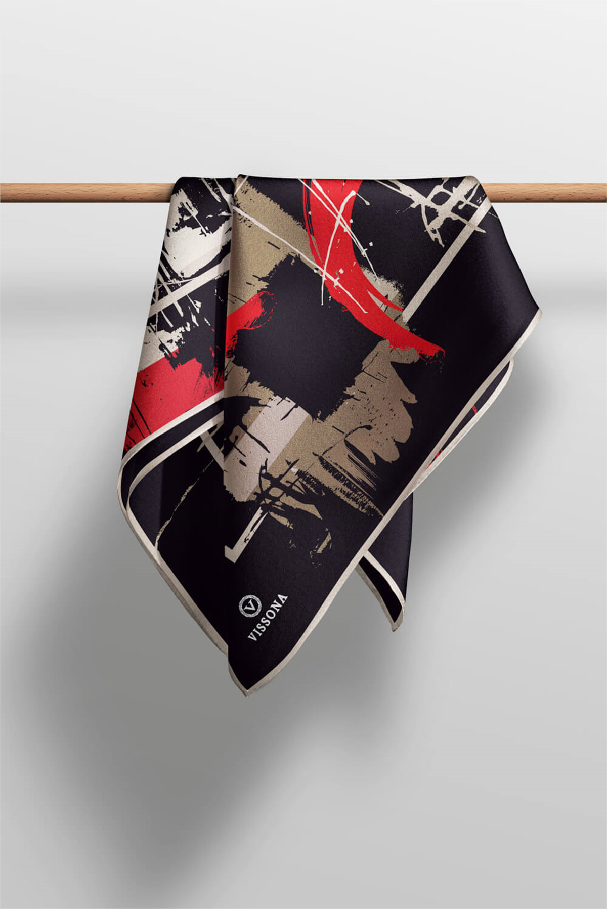 % 57 İPEK % 43 VİSKON Twill İpek Geometrik Desenli Siyah - Kırmızı Renkli 90x90 Eşarp Dikim Şekli : El Dikişi