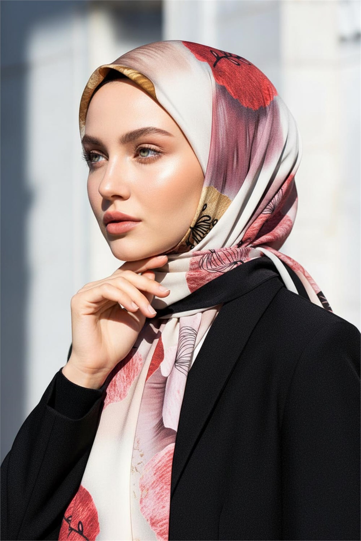 KREP FIRÇA DOKULU ÇİZGİ ÇİÇEK DESENLİ KREM - KIRMIZI RENKLİ 75X195 KIRIŞMAZ ŞAL