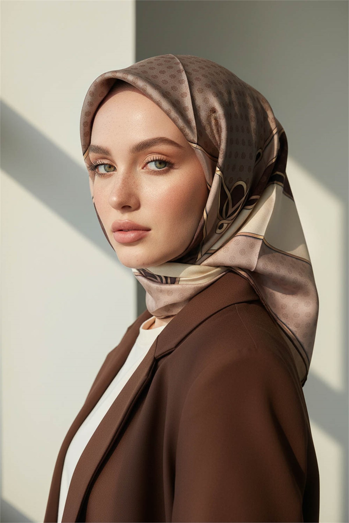 %100 Twill İpek Puantiyeli ve Geometrik Desenli Bej - Kahverengi Renkli 90x90 Eşarp Dikim Şekli : El Dikişi