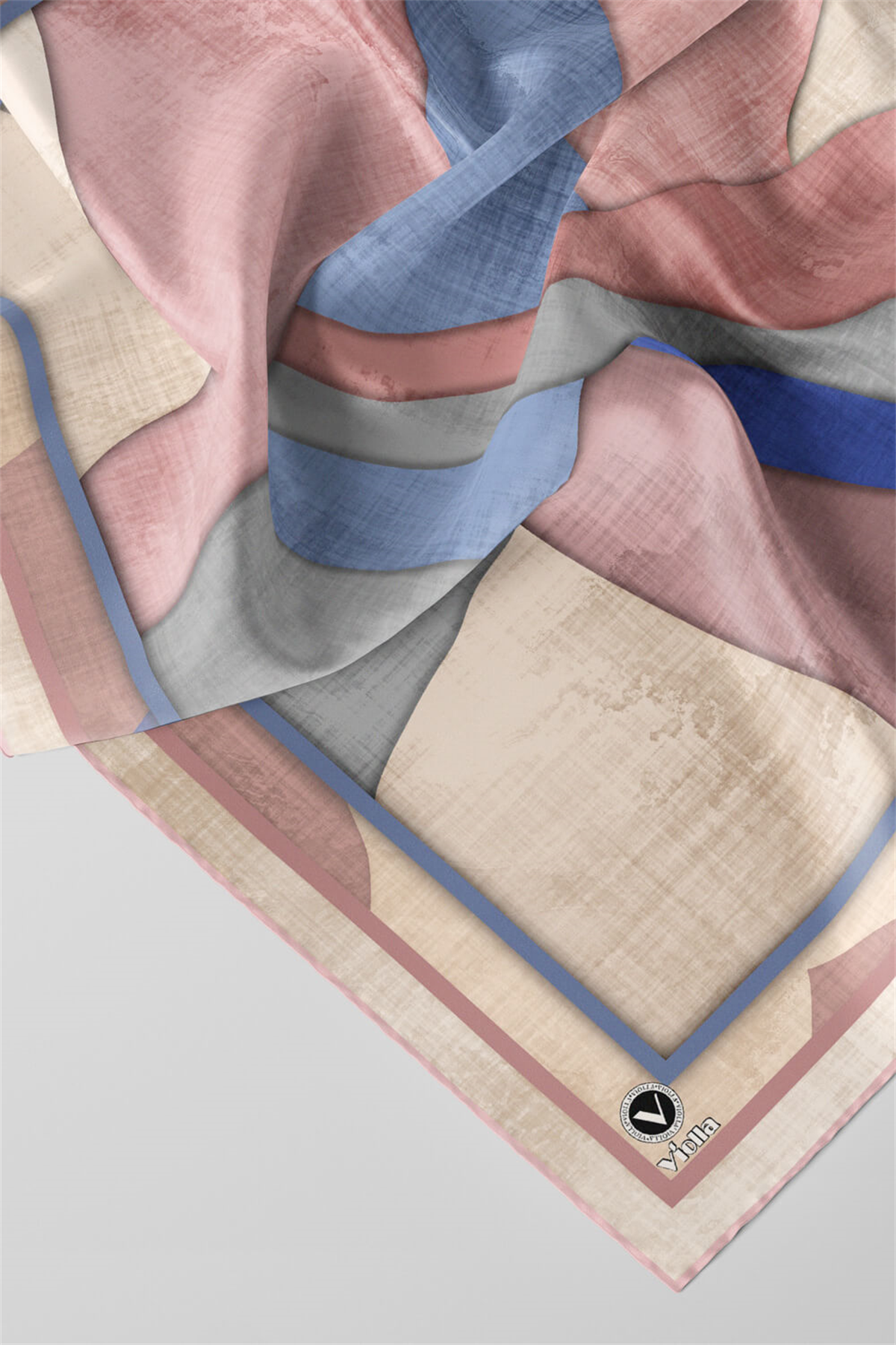 Twill Geometrik Desenli Pudra Renkli 90x90 Eşarp (İpek İçermez) Kenar Dikiş Şekli El Dikişli