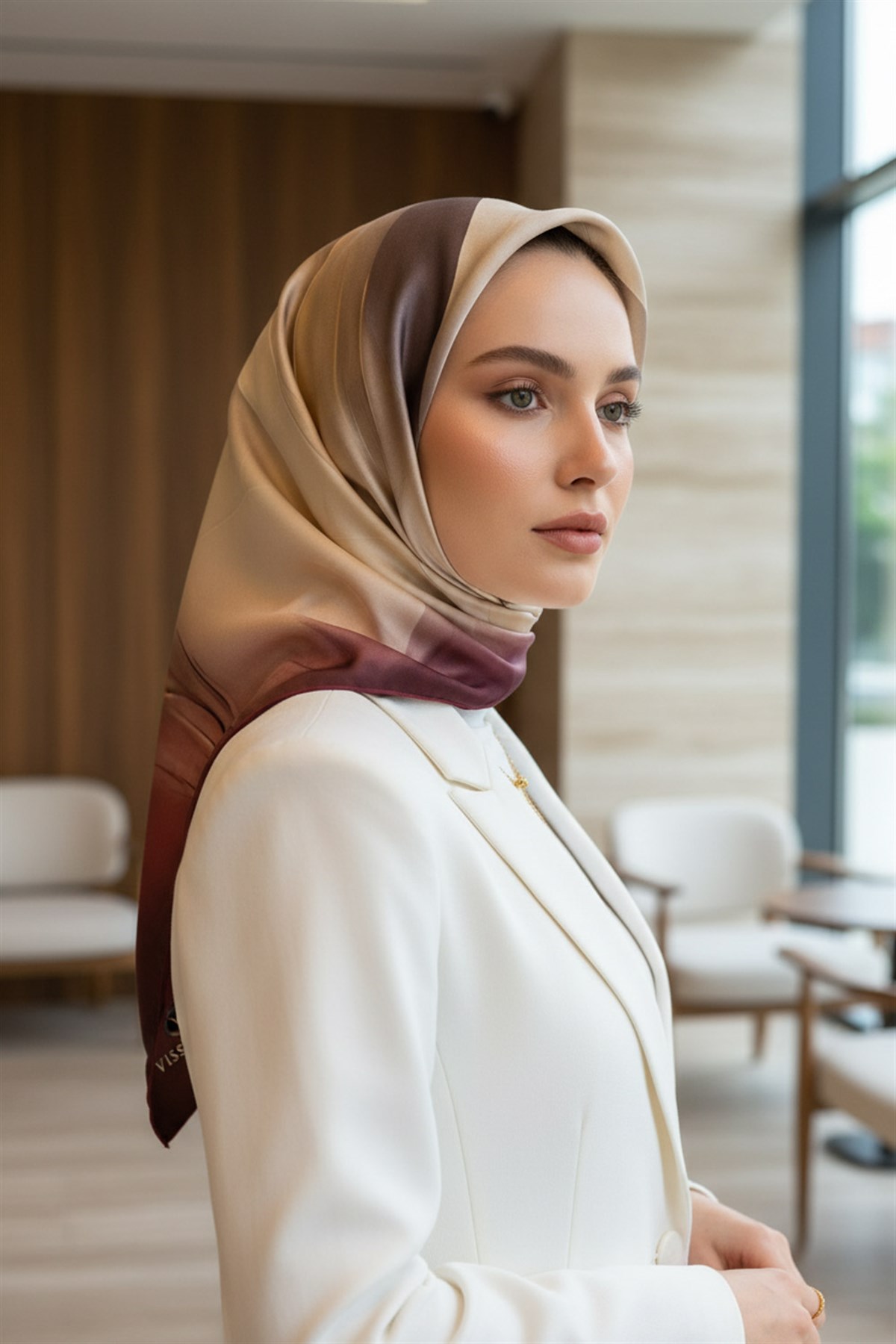 %100 Twill İpek Duman Desenli Bej - Şarabi Renkli 90x90 Eşarp Dikim Şekli : El Dikişi