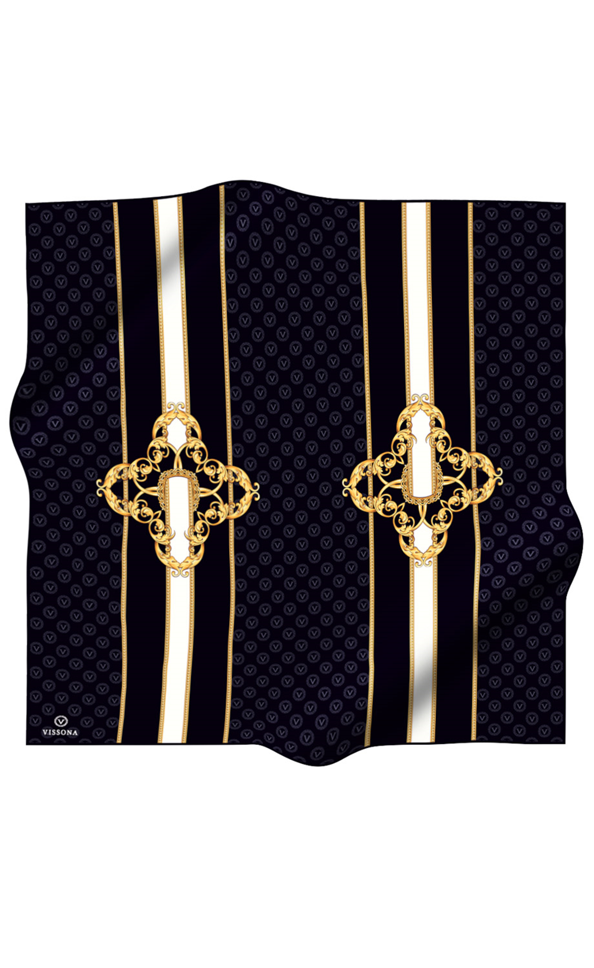 %100 Twill İpek Monogramlı Ve Barok Desenli Siyah - Gold Renkli 90x90 Eşarp Dikim Şekli : El Dikişi