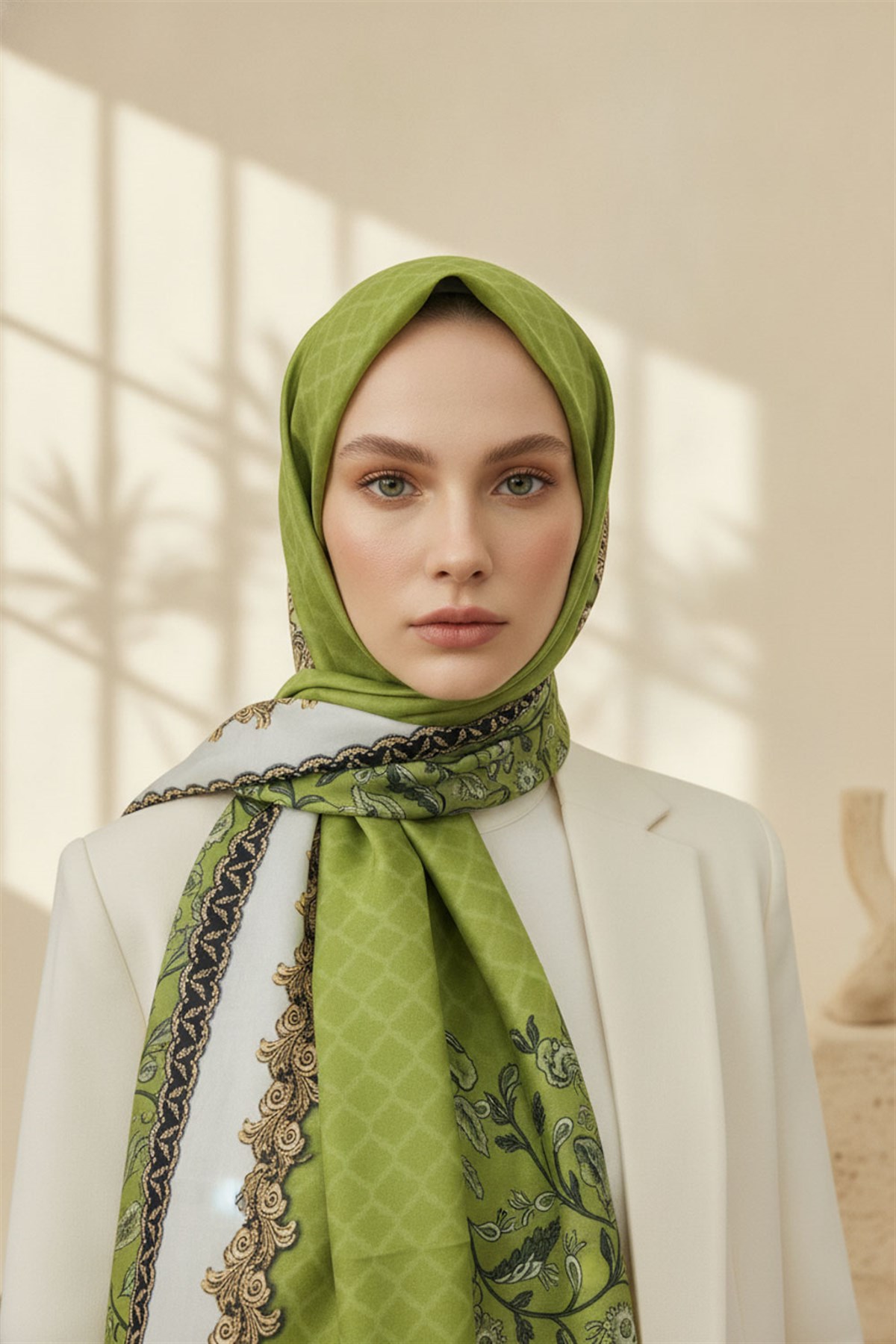 %100 Saf İpek Şal İnce Saten Vual Dokuma Yaprak Desenli Haki - Gold Renkli 90x210 Şal