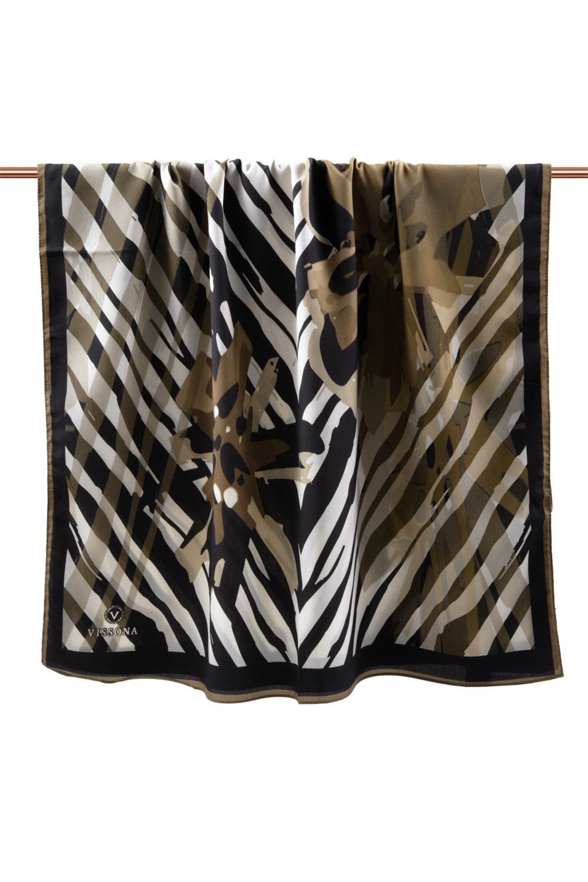KREP ZEBRA VE ÇİÇEK DESENLİ BEJ RENKLİ 75X195 KIRIŞMAZ ŞAL