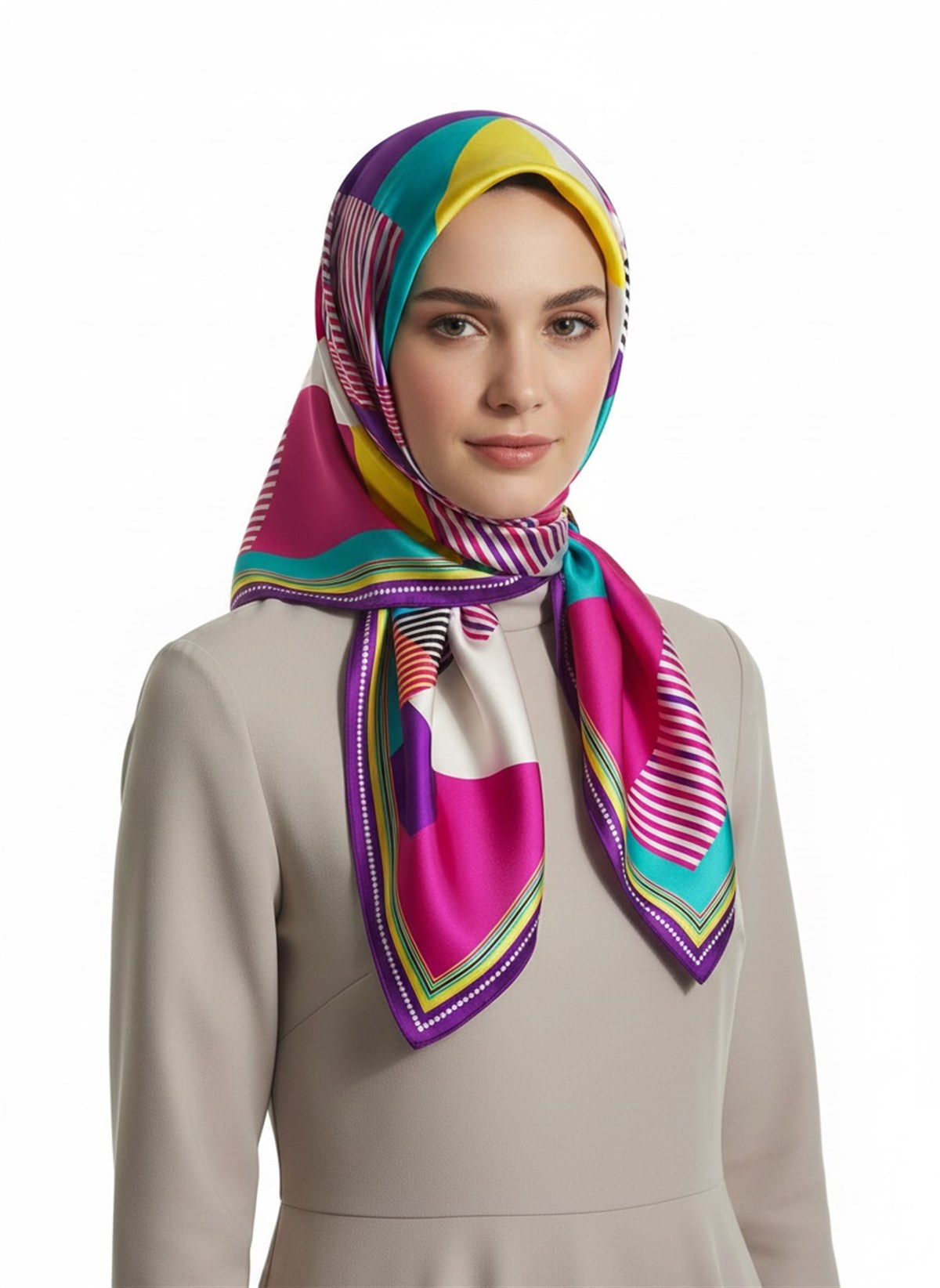 %100 Twill İpek Geometrik Desenli Fuşya - Mor Renkli 90x90 Eşarp Dikim Şekli : El Dikişi