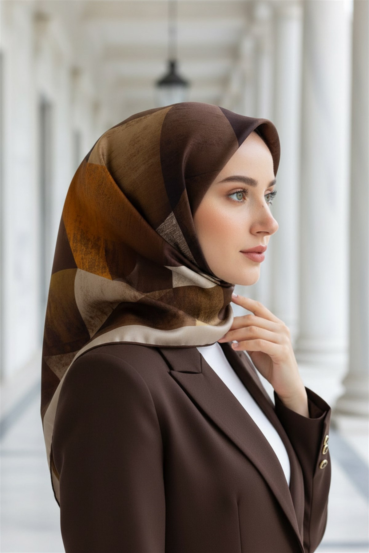 %100 Twill İpek Geometrik Desenli Taba - Kahverengi Renkli 90x90 Eşarp Dikim Şekli : El Dikişi