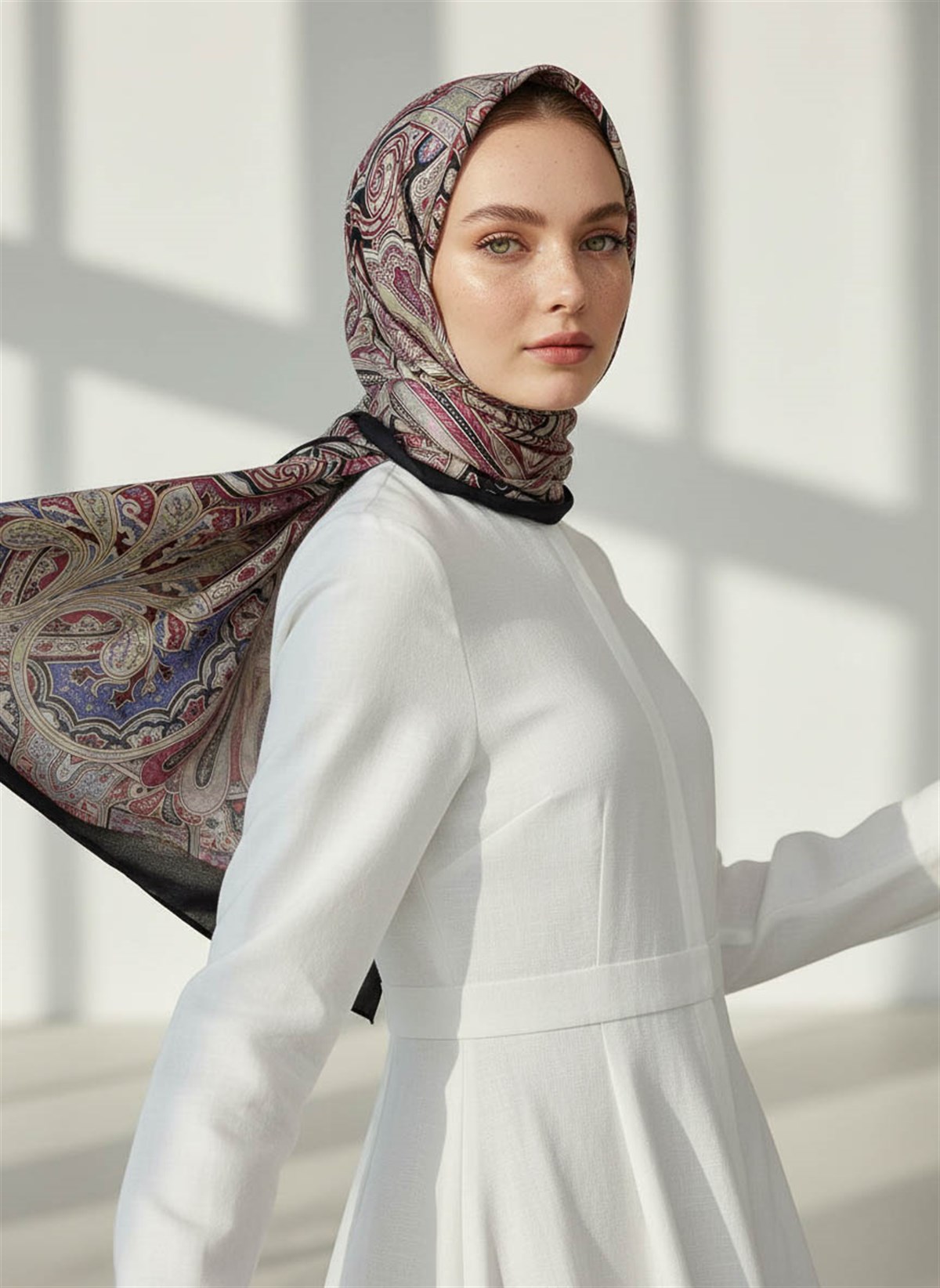 %100 Saf İpek Şal İnce Saten Vual Dokuma Etnik Desenli Siyah Renkli 90x210 Şal