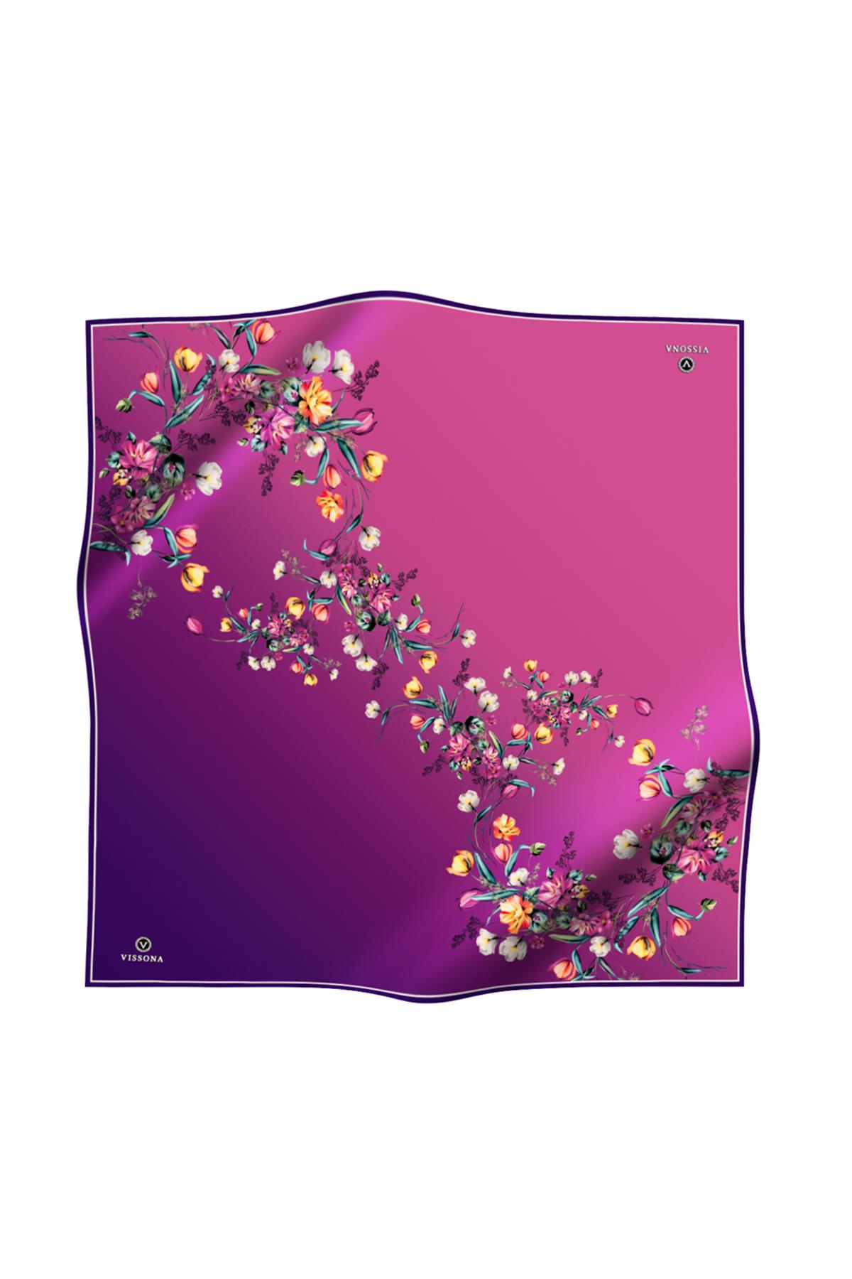 %100 Twill İpek Sonsuz Çiçek Desenli Mürdüm Renkli 90x90 Eşarp Dikim Şekli : El Dikişi